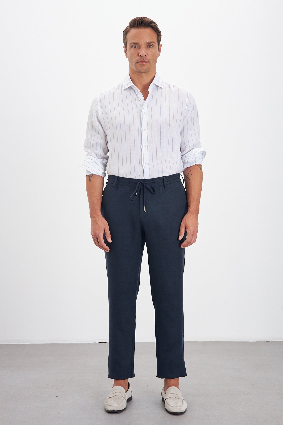 100% Keten Jogger Erkek Pantolon - Lacivert