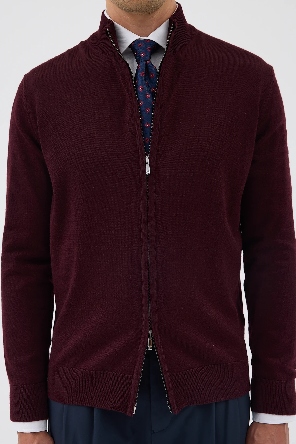 Çift Fermuarlı Yünlü Triko Hırka - Bordo