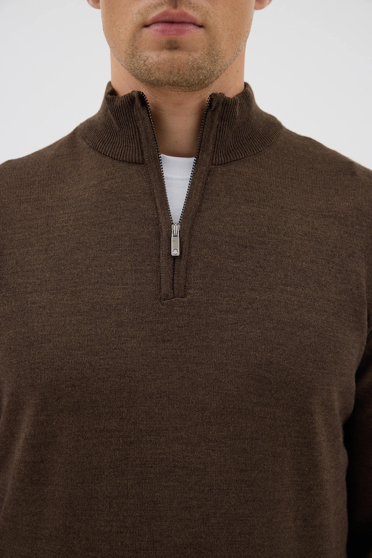 Yarım Balıkçı Fermuarlı Yünlü Triko Kazak - Kahverengi