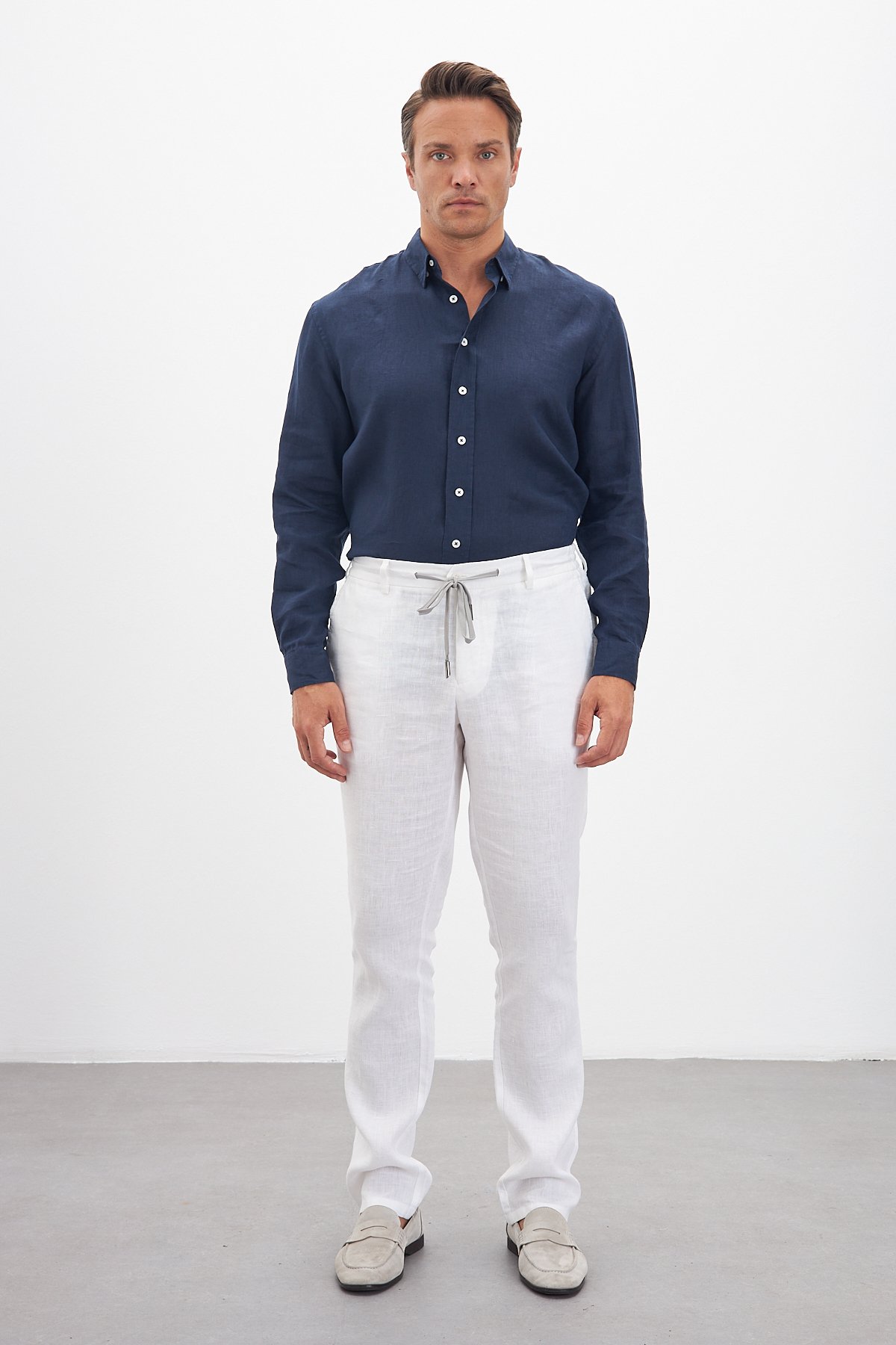 100% Keten Jogger Erkek Pantolon - Beyaz