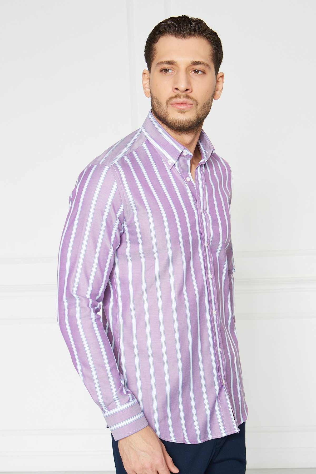 Yaka Düğmeli Slim Fit Klasik Gömlek - Mor-Beyaz