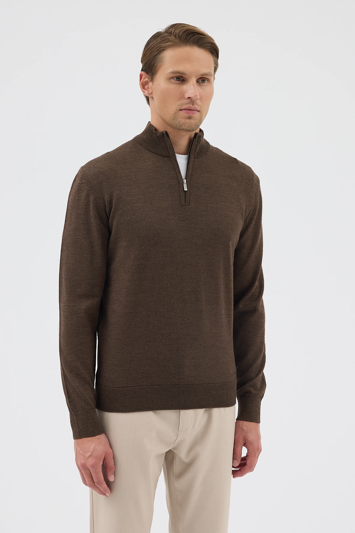 Yarım Balıkçı Fermuarlı Yünlü Triko Kazak - Kahverengi