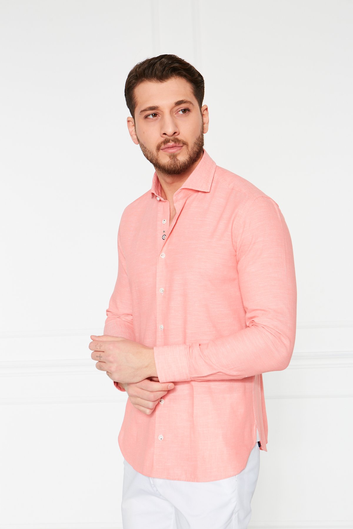 El İşçiliği Pat Detaylı Modelli Keten Gömlek - Pembe