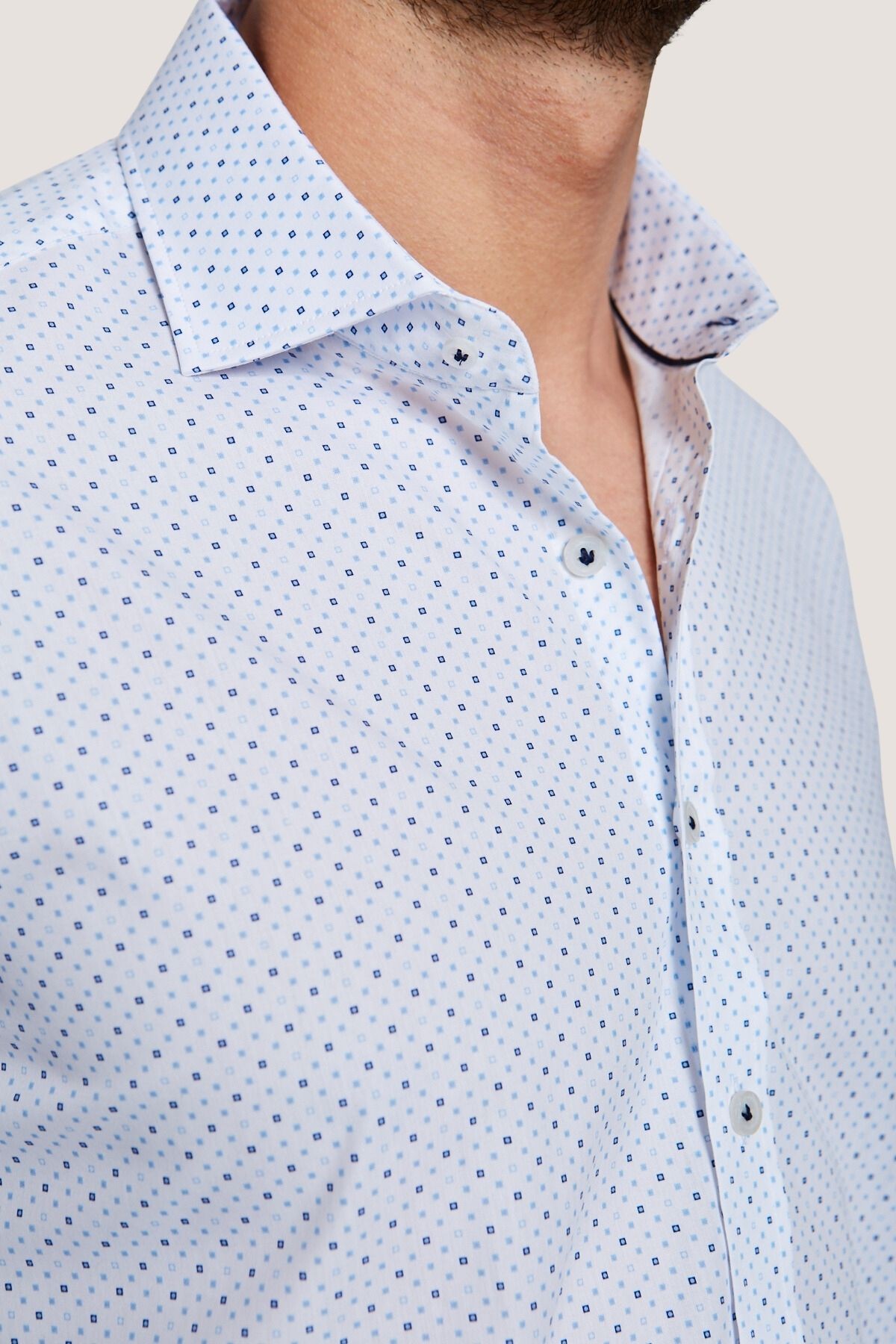 Klasik Desenli Slim Fit Gömlek - Beyaz-Koyu Mavi