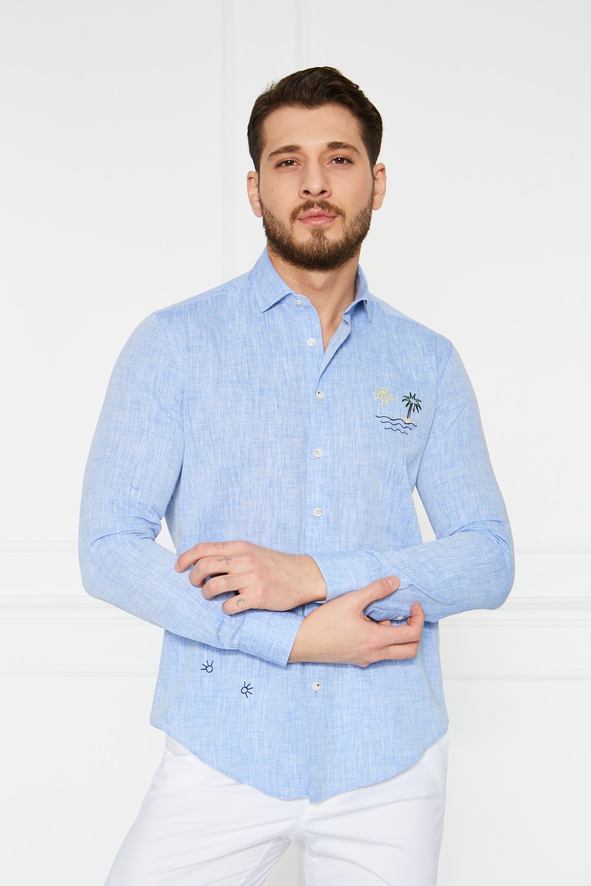 Keten Nakışlı Slim Fit Gömlek - Mavi