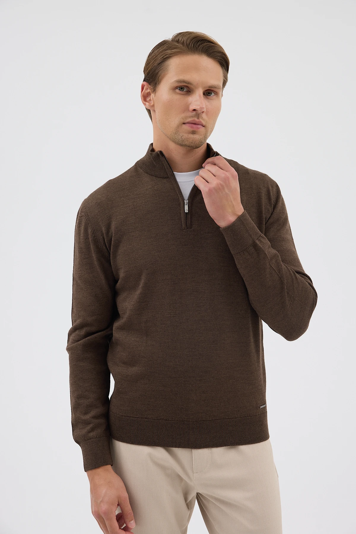 Yarım Balıkçı Fermuarlı Yünlü Triko Kazak - Kahverengi