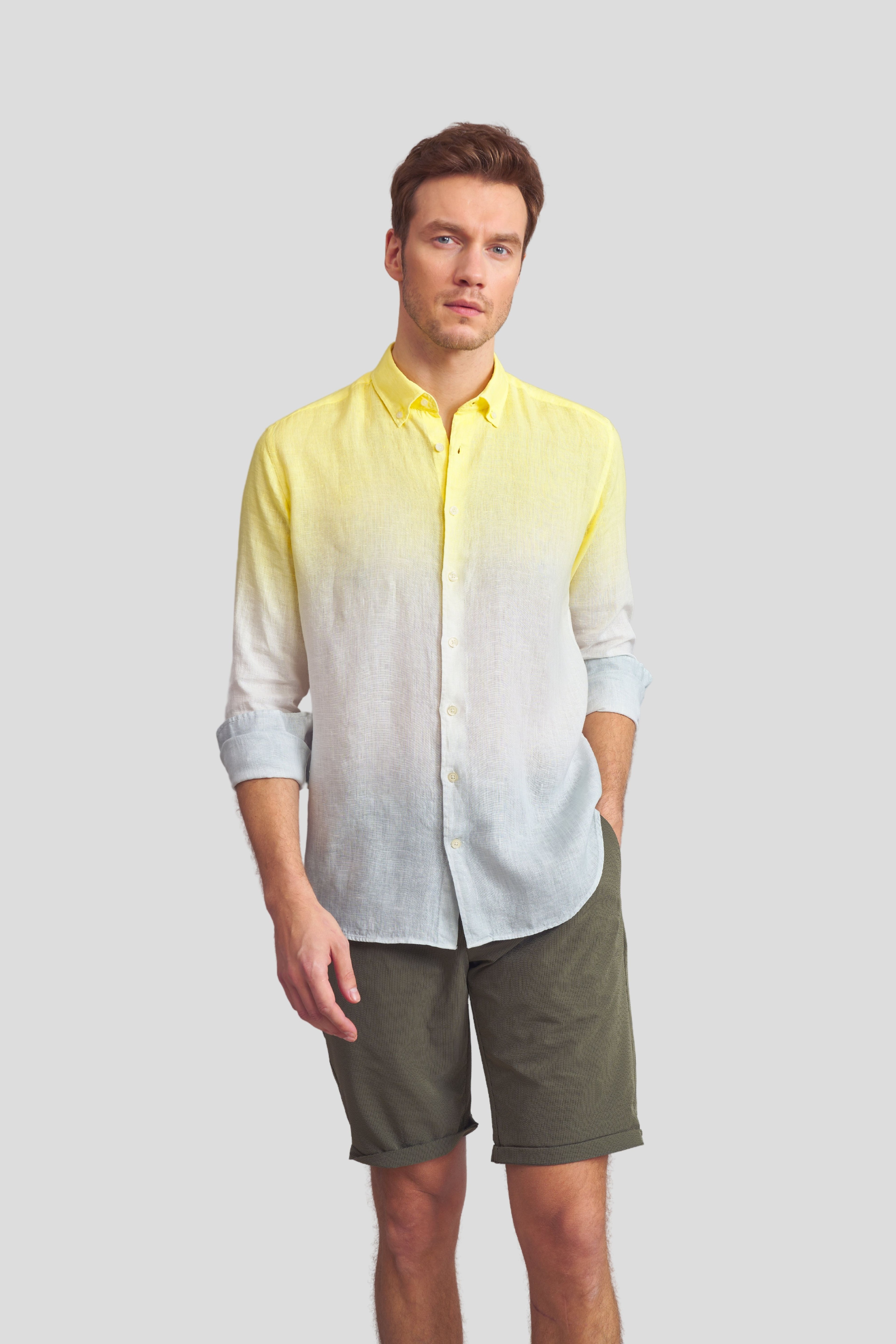 Batik Comfort Fit %100 Keten Gömlek - Sarı-Bej