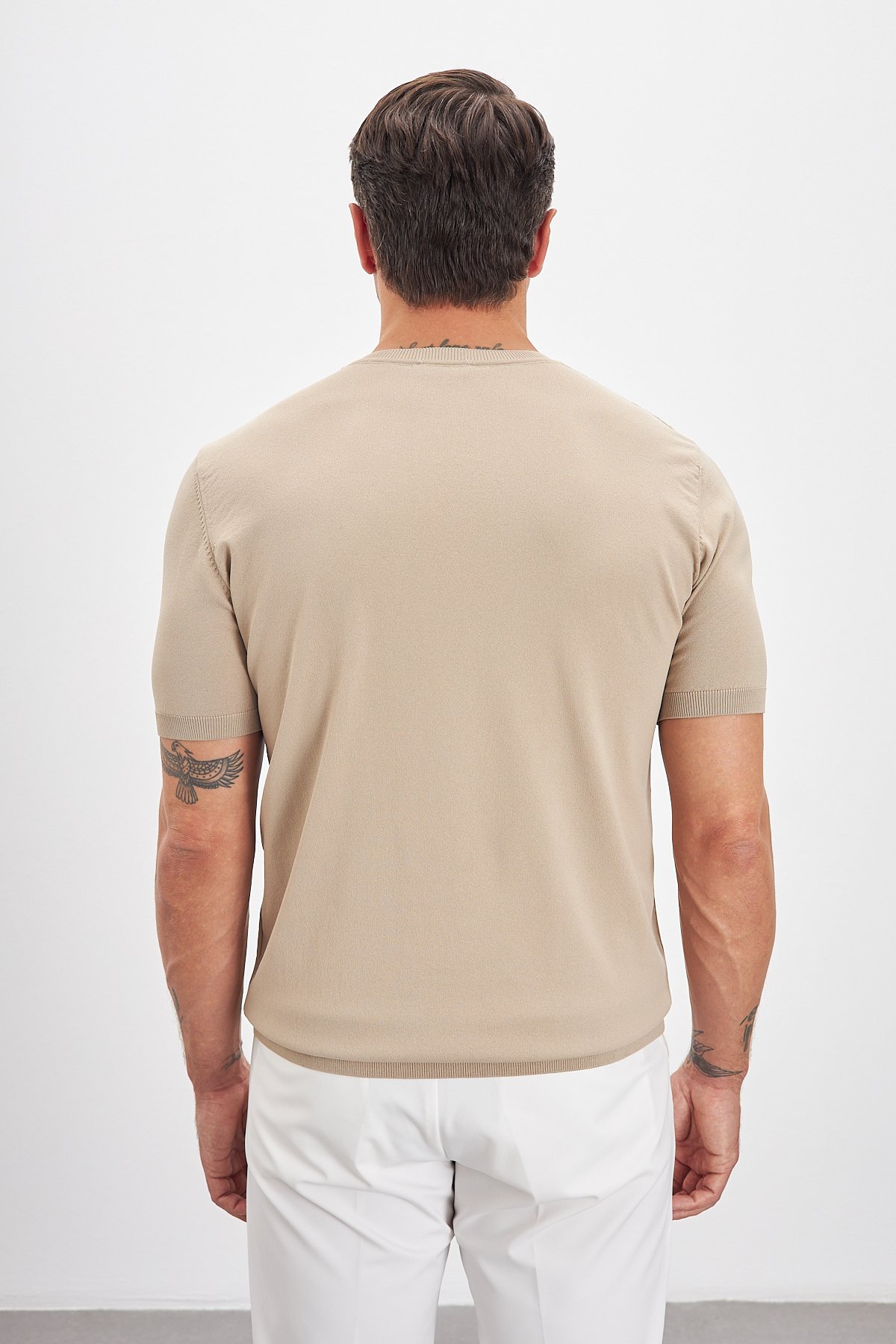 Çizgili Desenli Bisiklet Yaka Triko Erkek T-Shirt - Bej