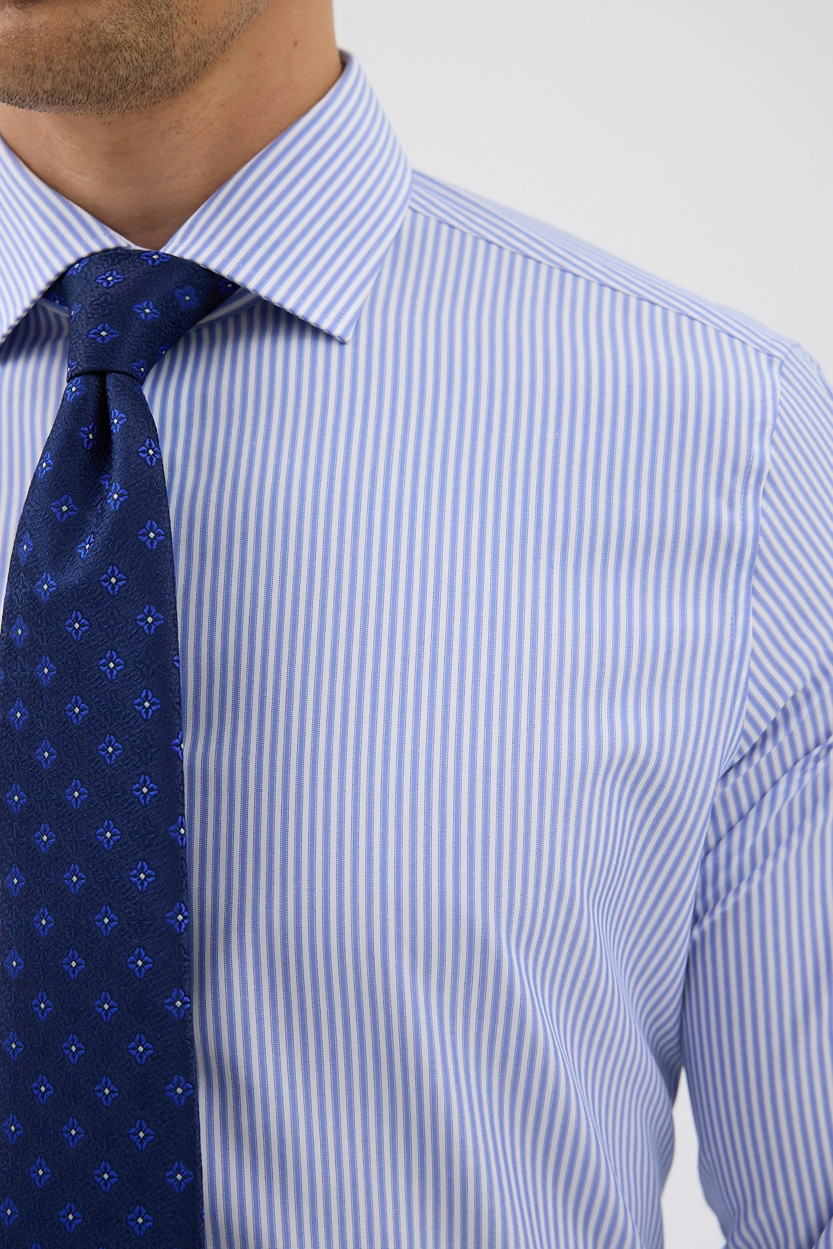 Non Iron Koyu Mavi Çizgili %100 Pamuk Comfort Fit Gömlek