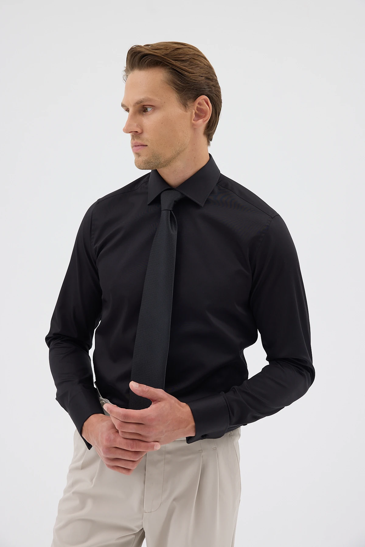 Çift Manşetli Comfort Fit Erkek Gömlek - Siyah