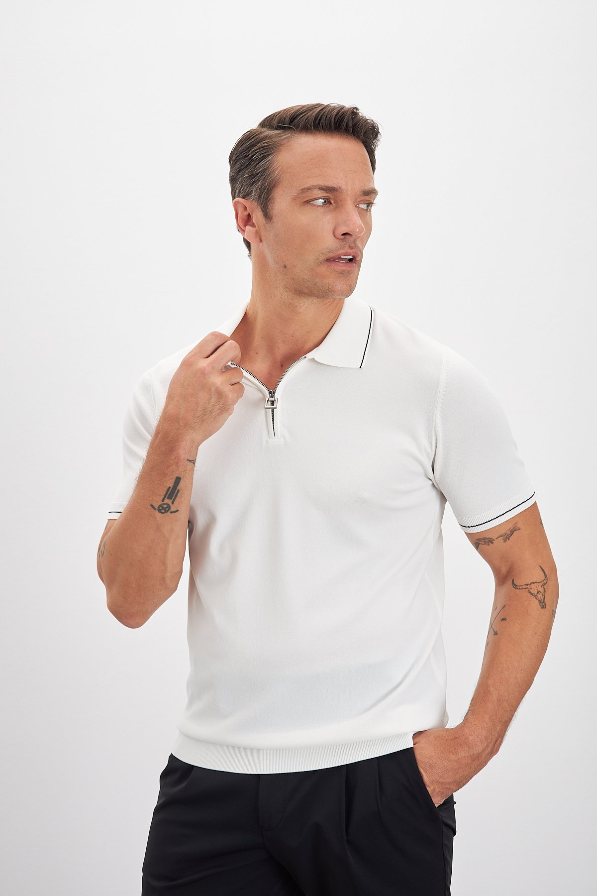 Polo Yaka Fermuarlı Triko Erkek T-Shirt - Açık Bej