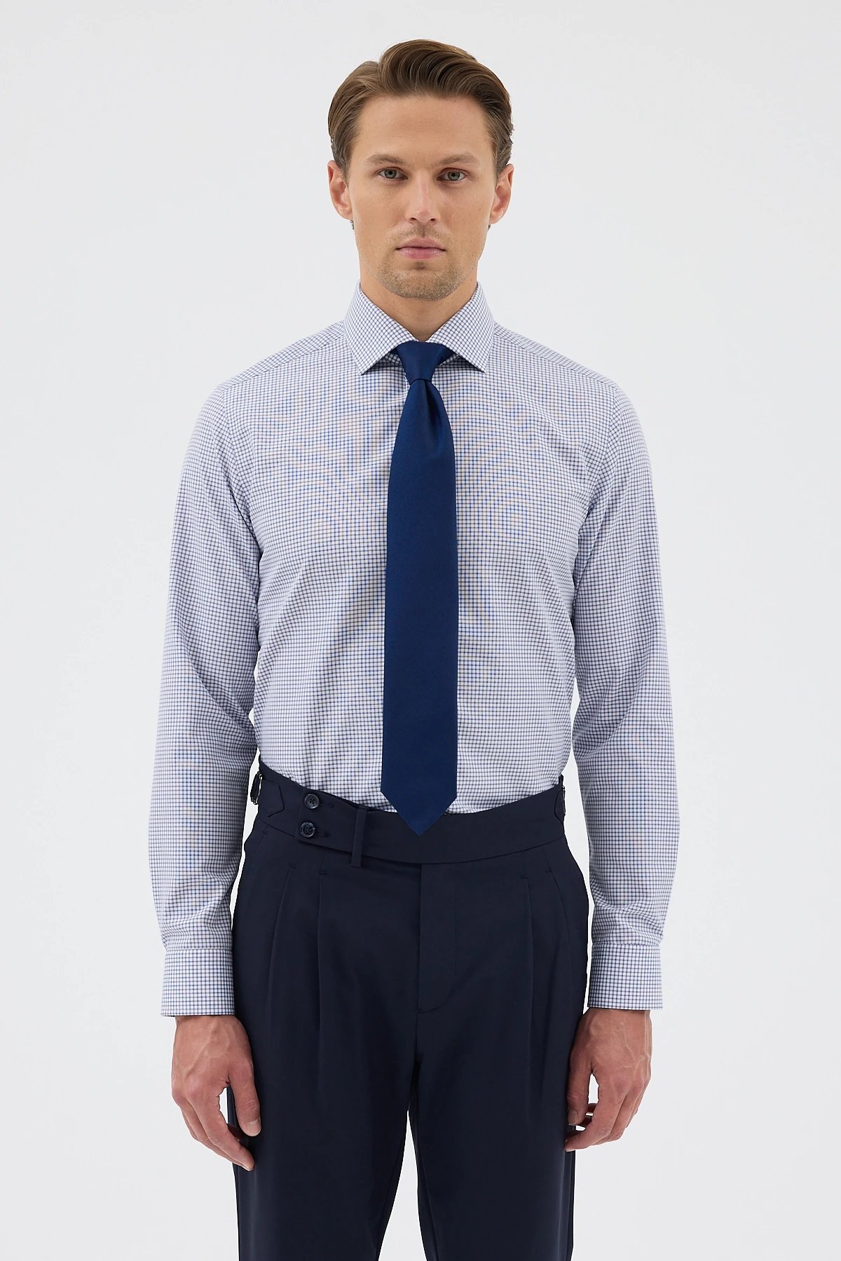 Non Iron Lacivert Ekoseli %100 Pamuk Comfort Fit Gömlek