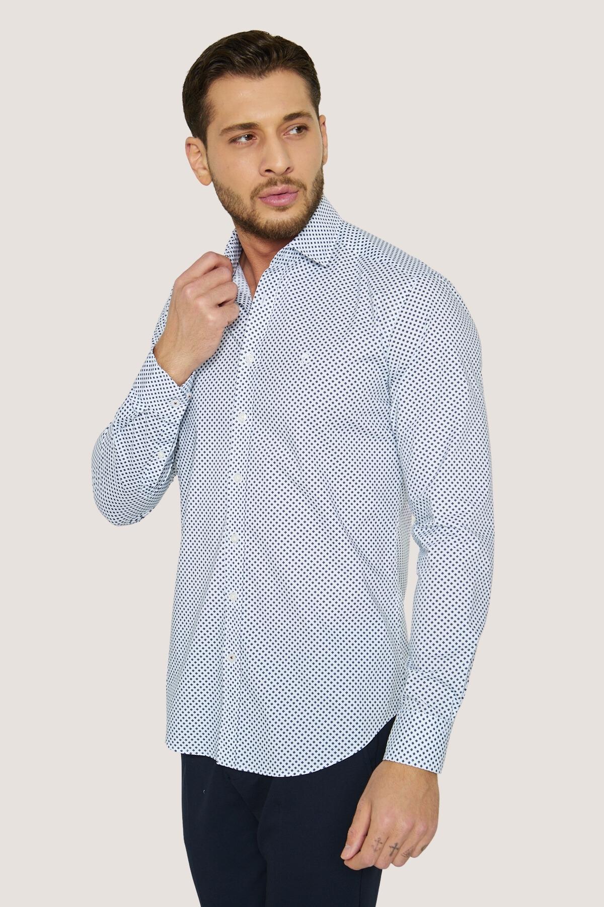 Desenli Nakışlı Slim Fit Gömlek - Beyaz-Lacivert