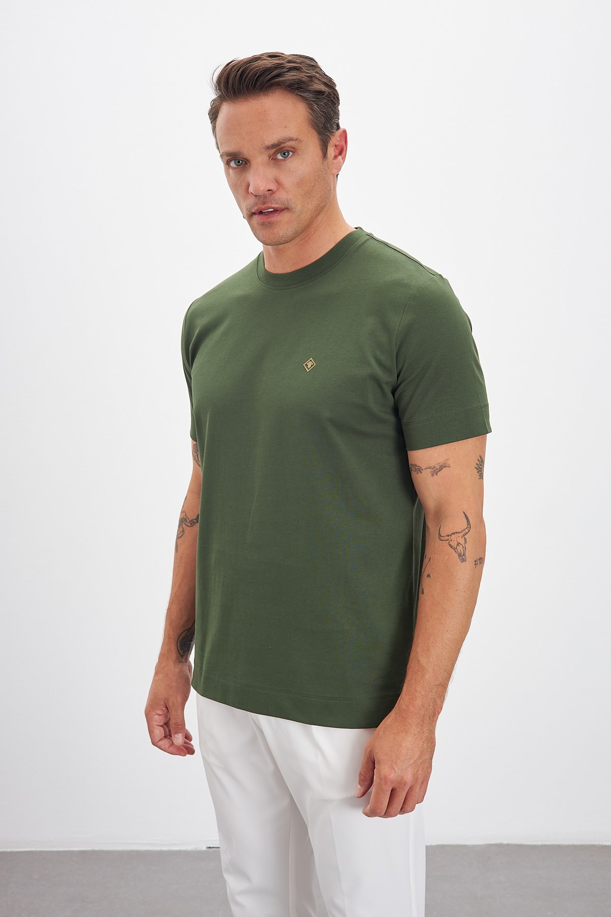 Bisiklet Yaka Basic %100 Pamuk Comfort Fit Logo Baskılı Erkek T-Shirt - Haki