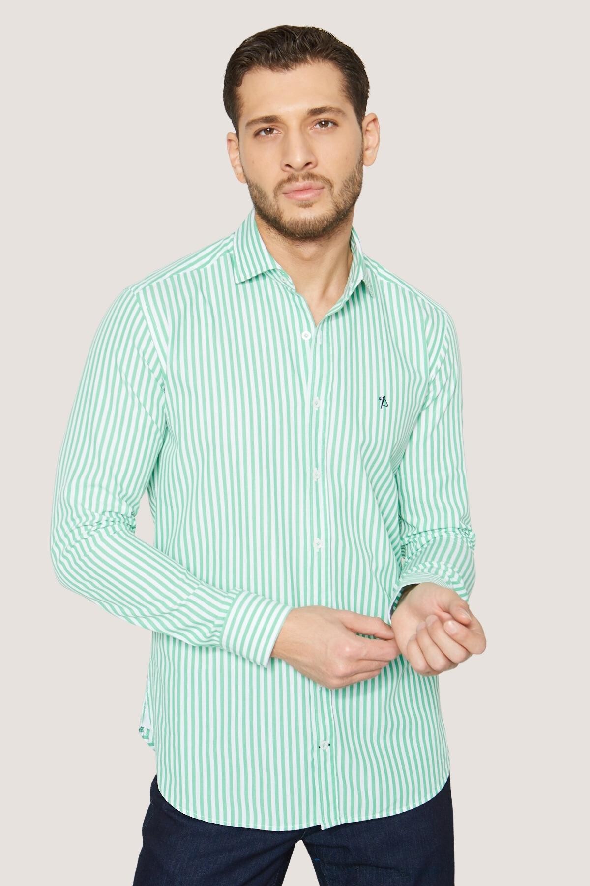 Çizgili Spor Gömlek Slim Fit - Yeşil-Beyaz