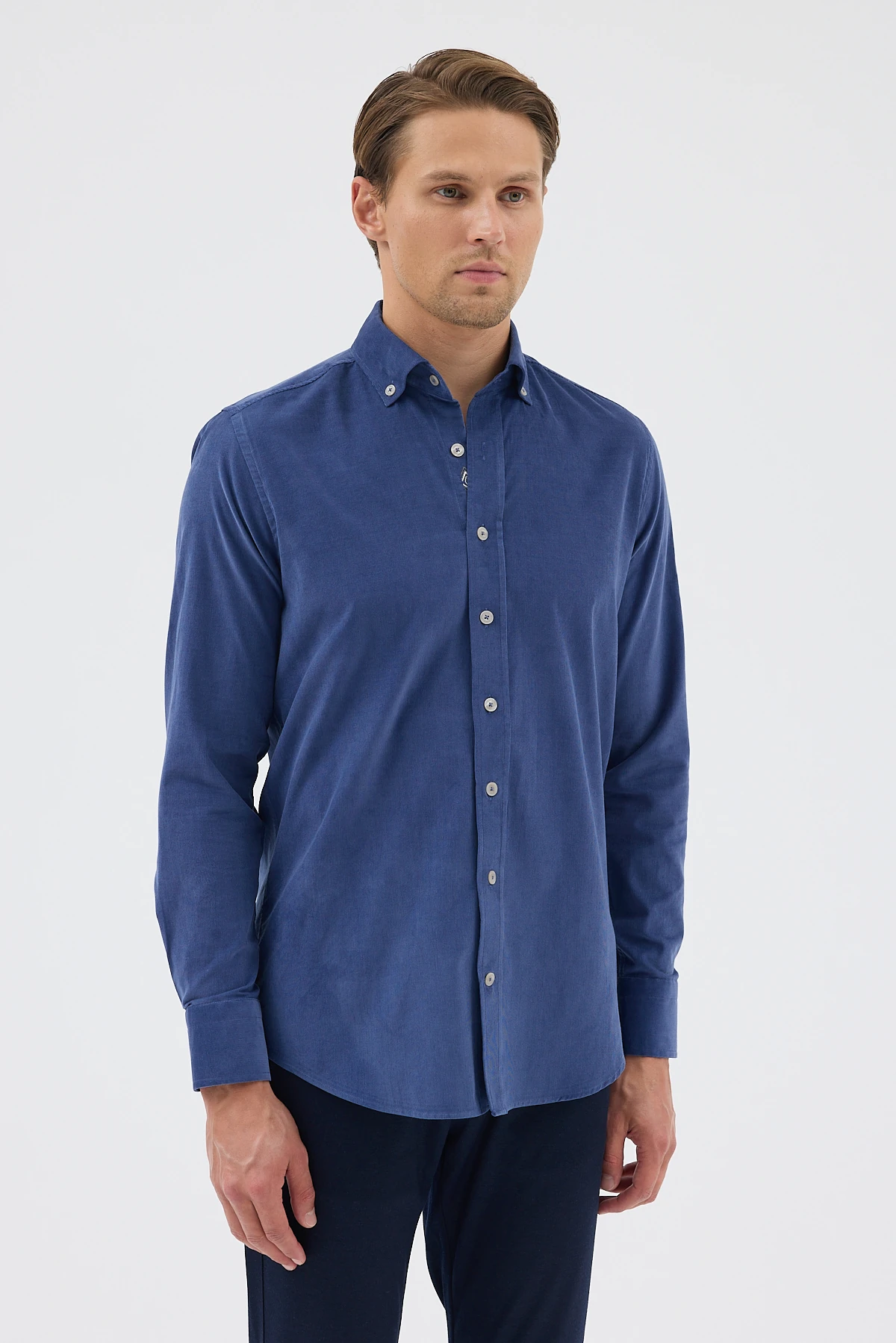 Kadife Yaka Düğmeli %100 Pamuk Comfort Fit Erkek Gömlek - Koyu Mavi