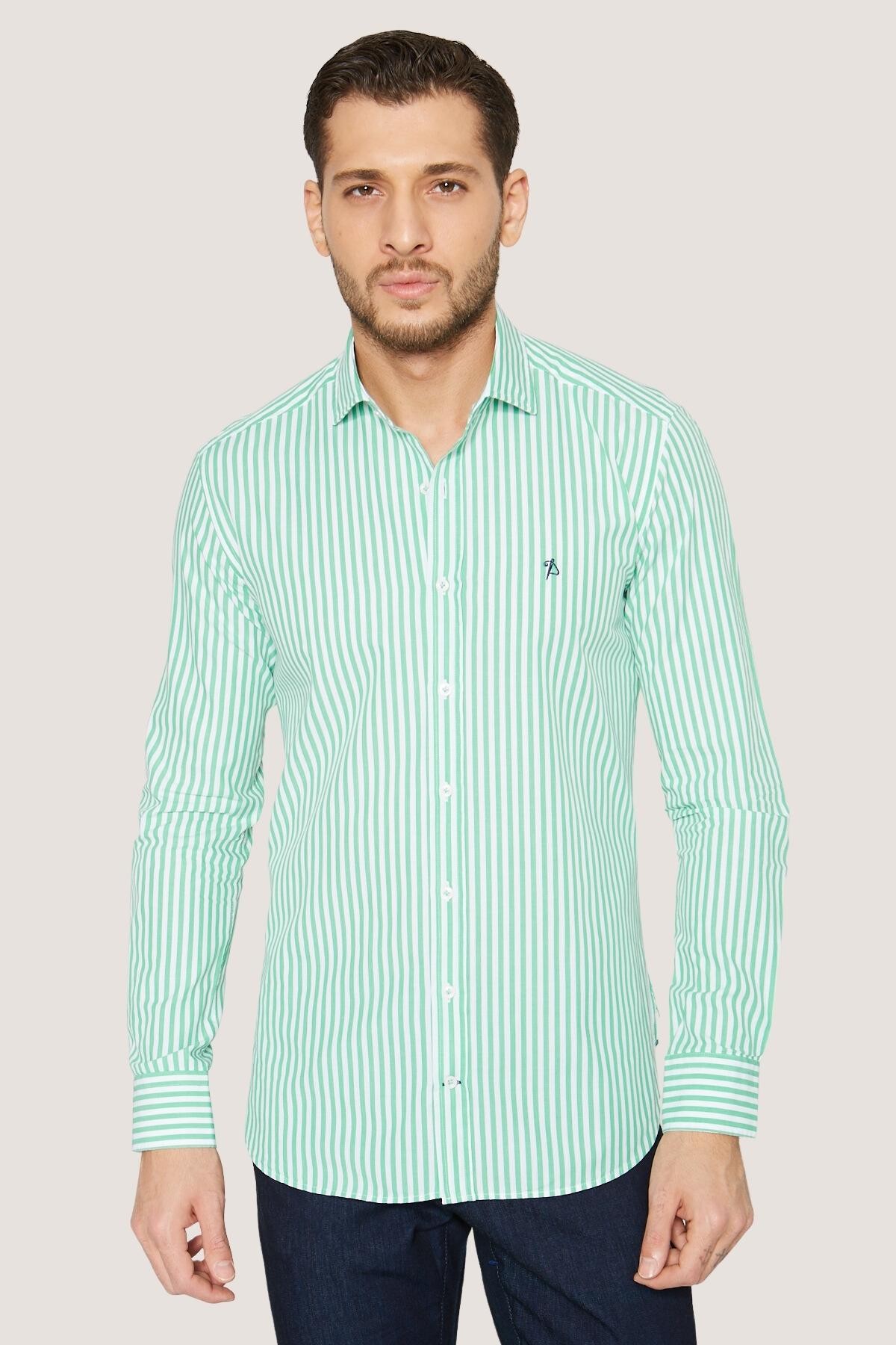 Çizgili Spor Gömlek Slim Fit - Yeşil-Beyaz