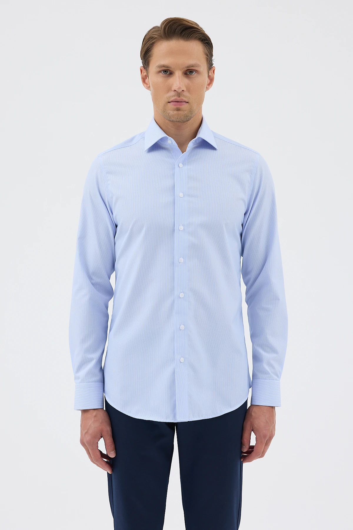 Non Iron Mavi Beyaz Çizgili %100 Pamuk Comfort Fit Gömlek