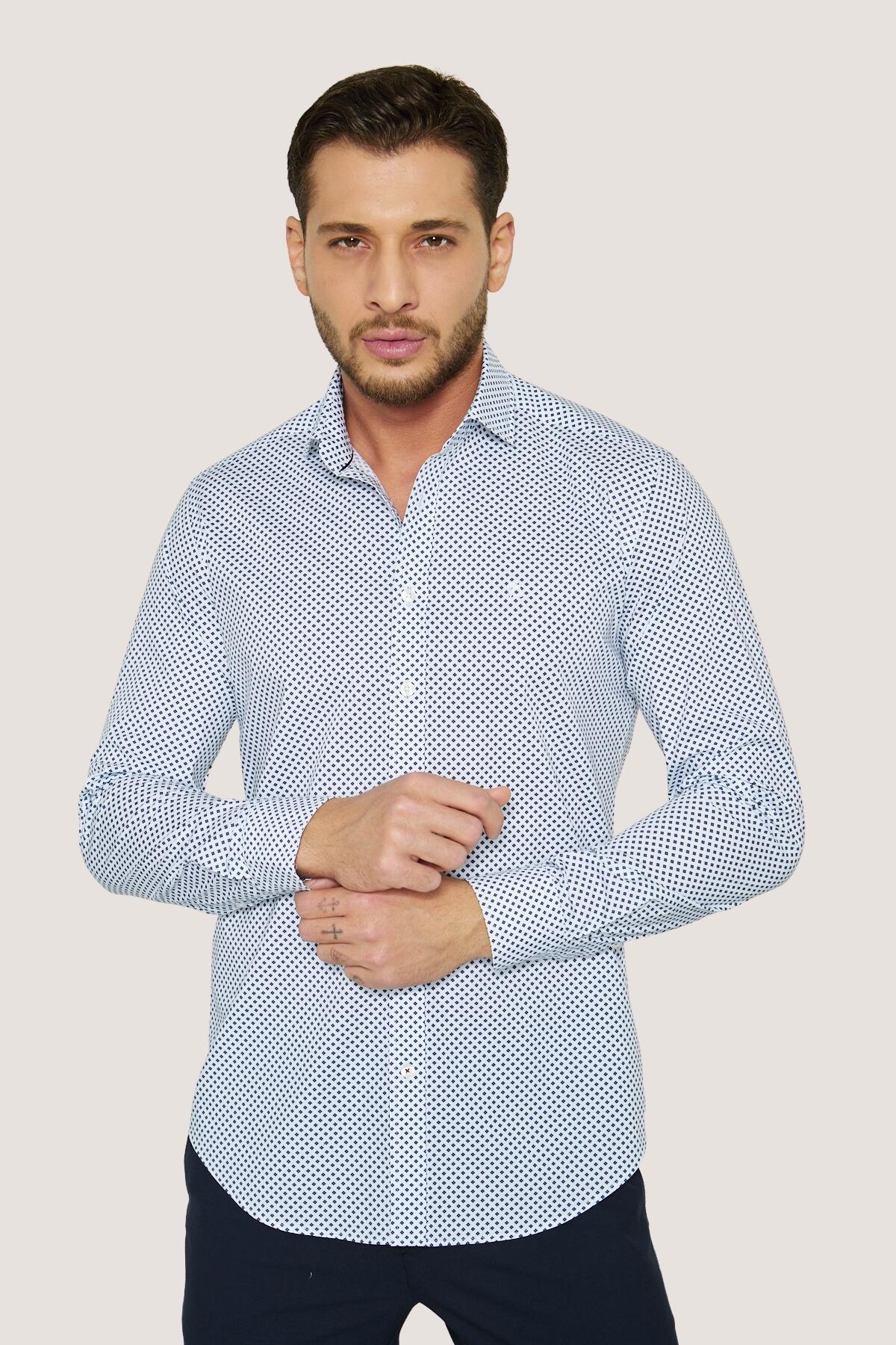 Desenli Nakışlı Slim Fit Gömlek - Beyaz-Lacivert