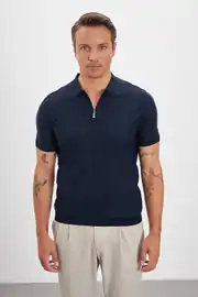 Fermuarlı Polo Yaka Çizgi Desenli Triko Erkek T-Shirt