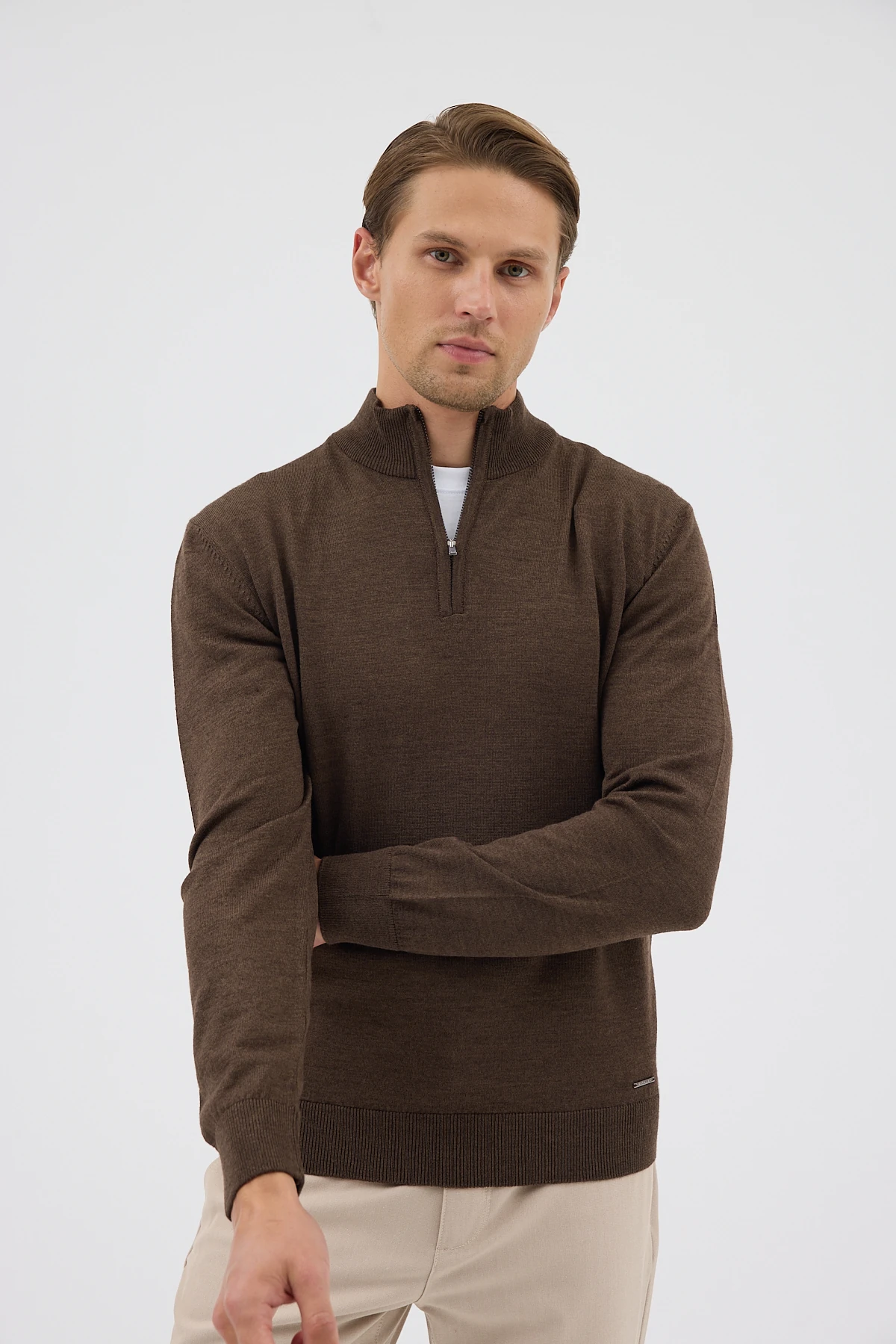 Yarım Balıkçı Fermuarlı Yünlü Triko Kazak - Kahverengi