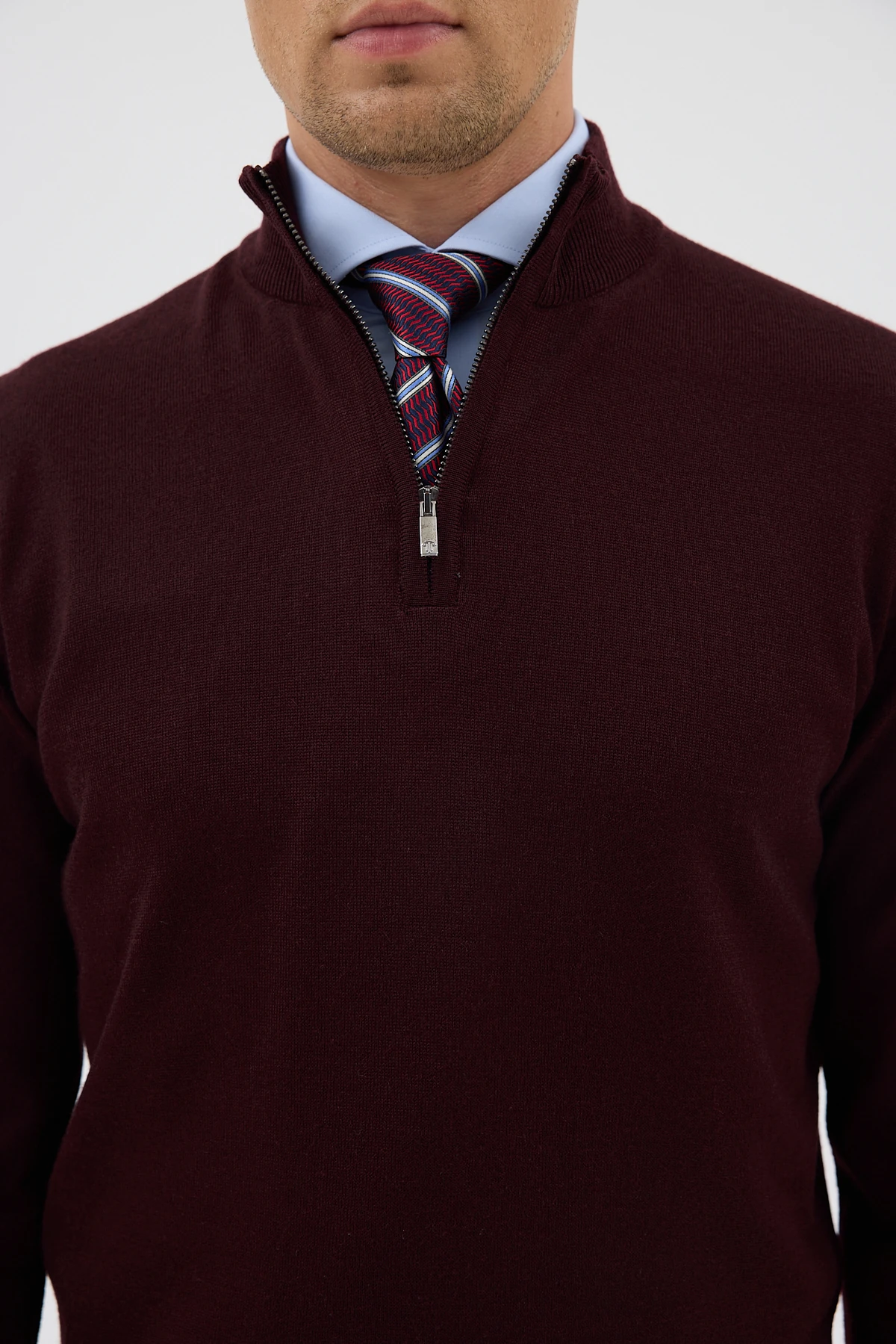 Yarım Balıkçı Fermuarlı Yünlü Triko Kazak - Bordo