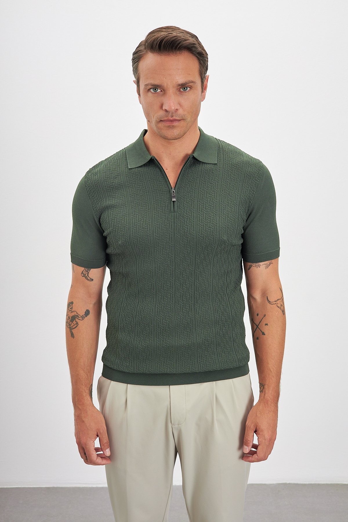 Desenli Fermuarlı Polo Yaka Triko Erkek T-shirt - Haki