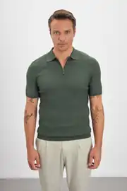 Desenli Fermuarlı Polo Yaka Triko Erkek T-shirt