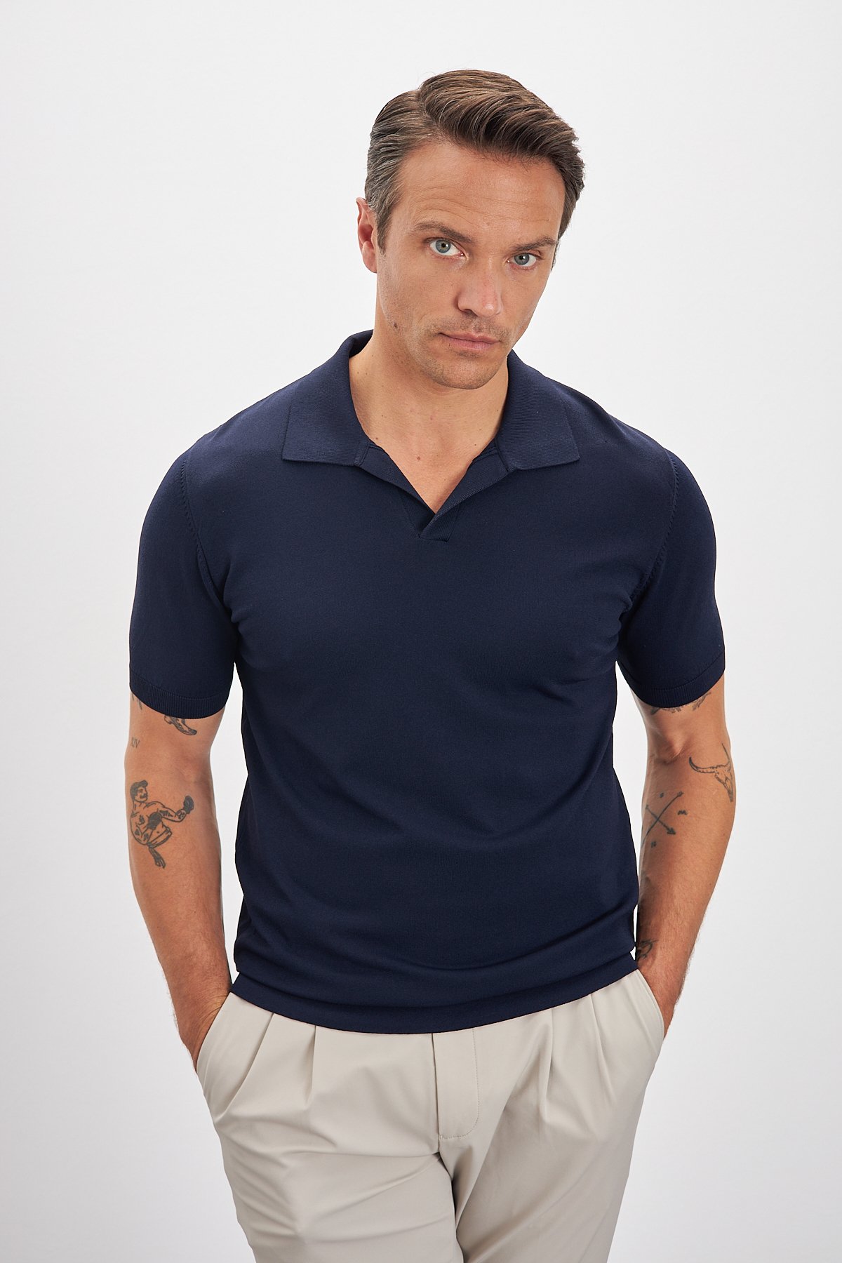 Polo Yaka Patlı Triko Erkek T-Shirt - Lacivert