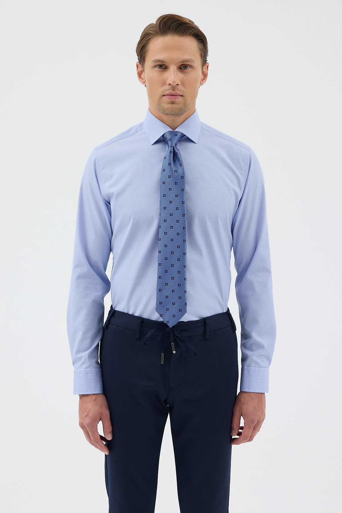 Non Iron Mavi Ekose %100 Pamuk Comfort Fit Gömlek