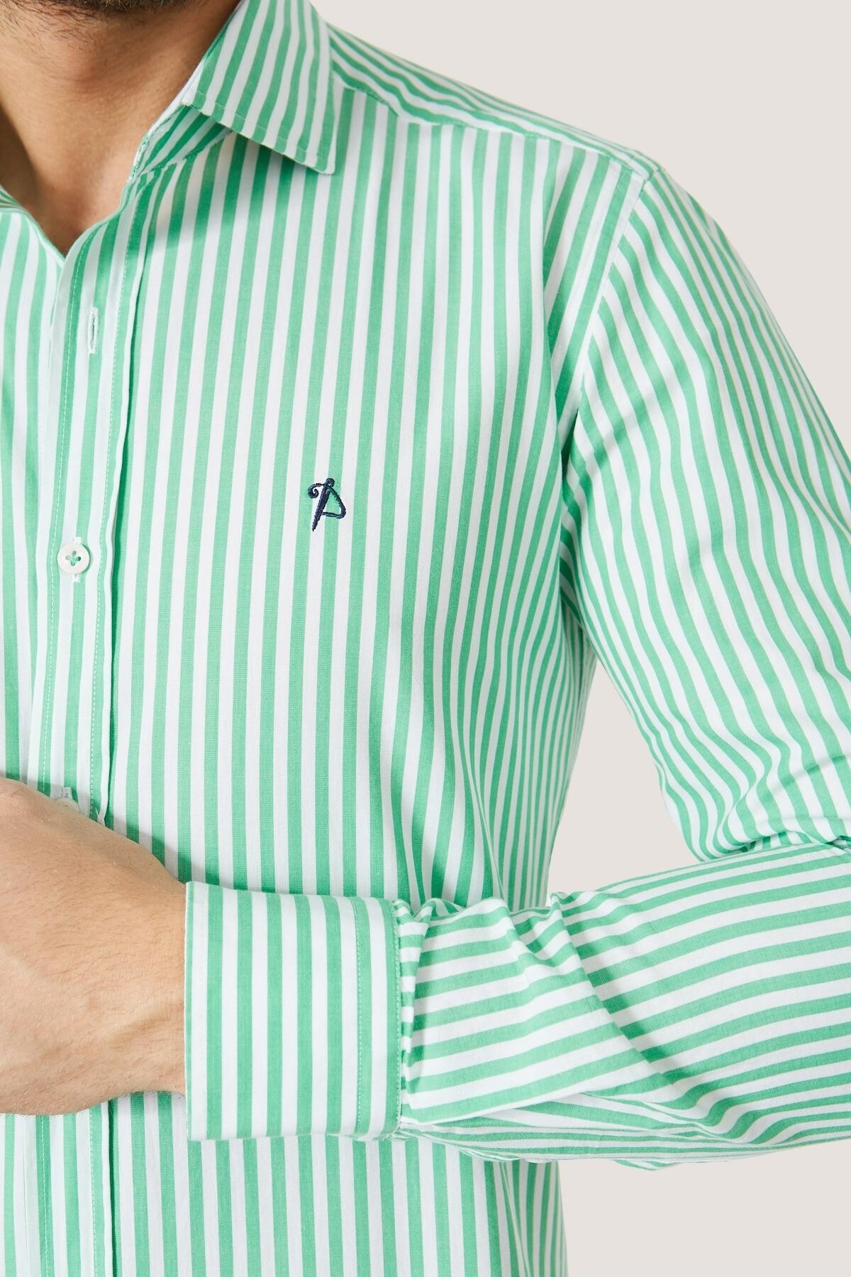 Çizgili Spor Gömlek Slim Fit - Yeşil-Beyaz