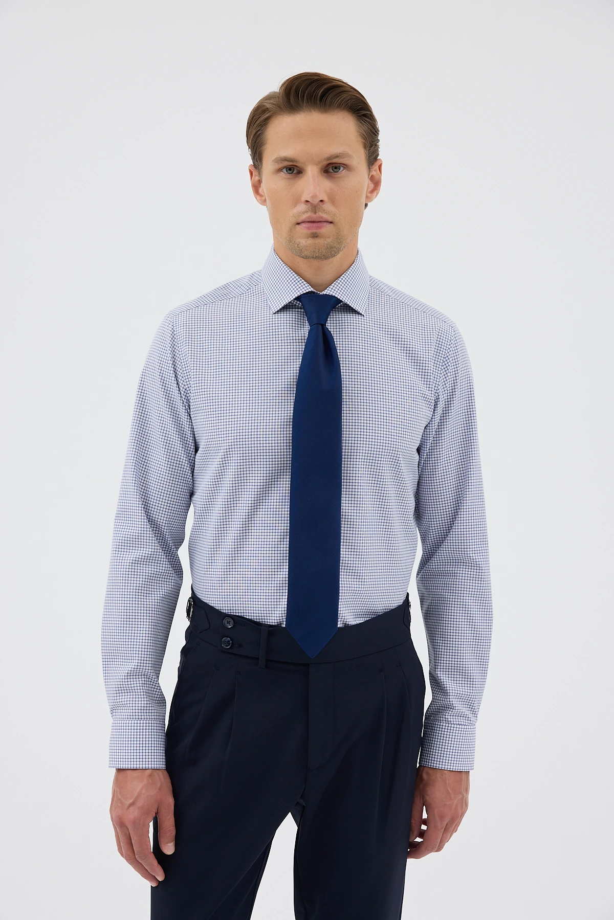 Non Iron Lacivert Ekoseli %100 Pamuk Comfort Fit Gömlek