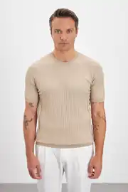 Çizgili Desenli Bisiklet Yaka Triko Erkek T-Shirt