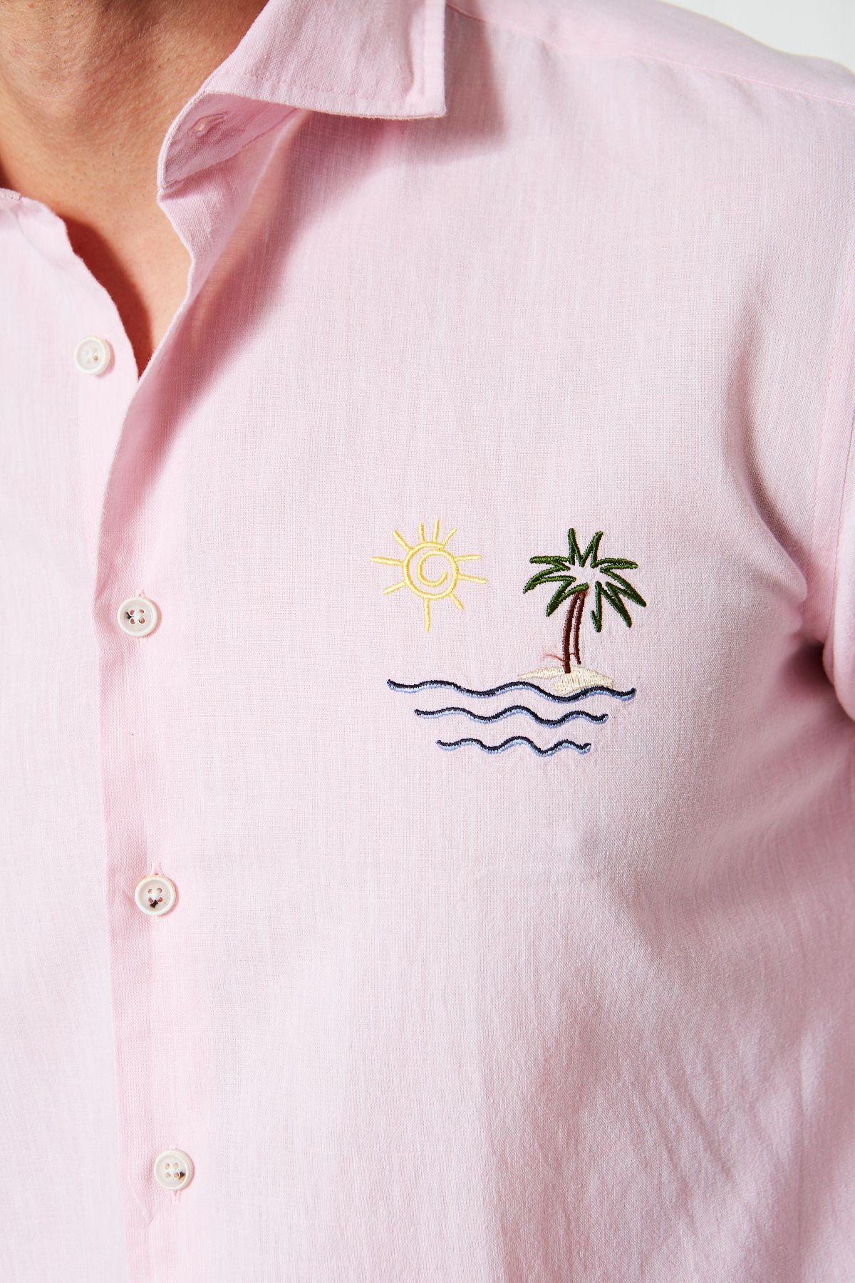 Keten Nakışlı Slim Fit Gömlek - Pembe