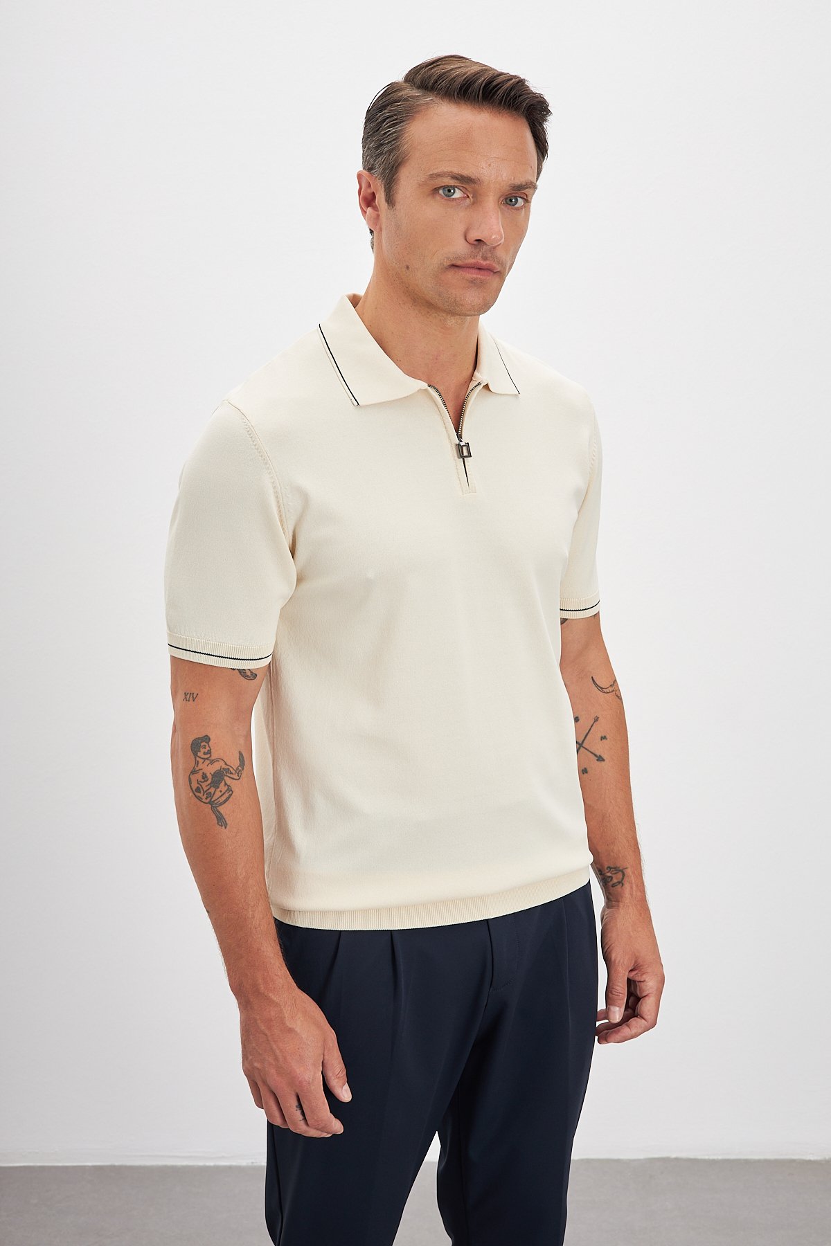 Polo Yaka Fermuarlı Triko Erkek T-Shirt - Bej