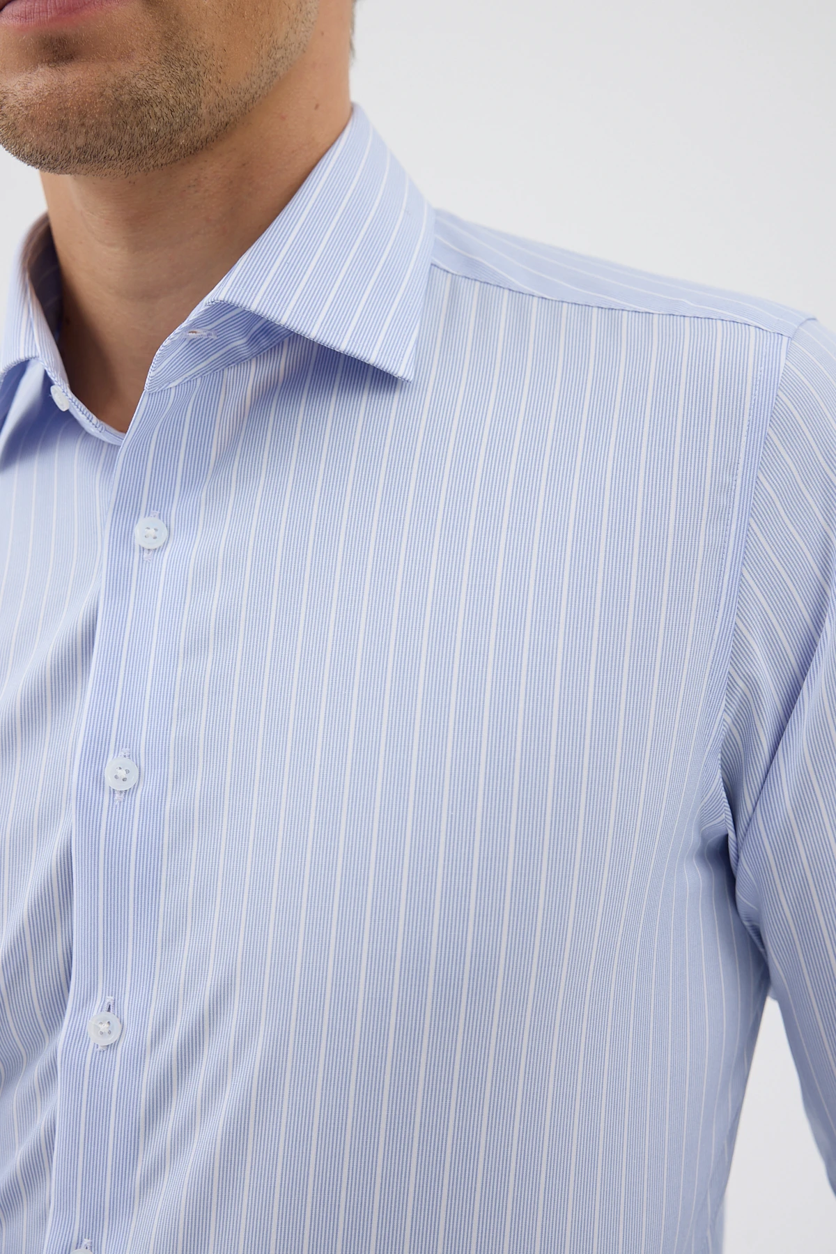 Non Iron Mavi Beyaz Çizgili %100 Pamuk Comfort Fit Gömlek