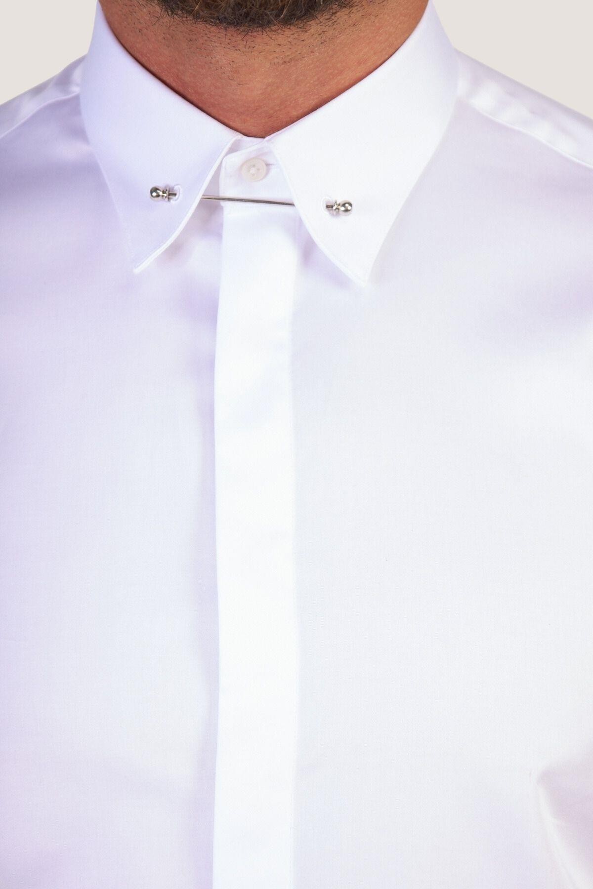 Yaka İğneli Slim Fit Gömlek - Beyaz