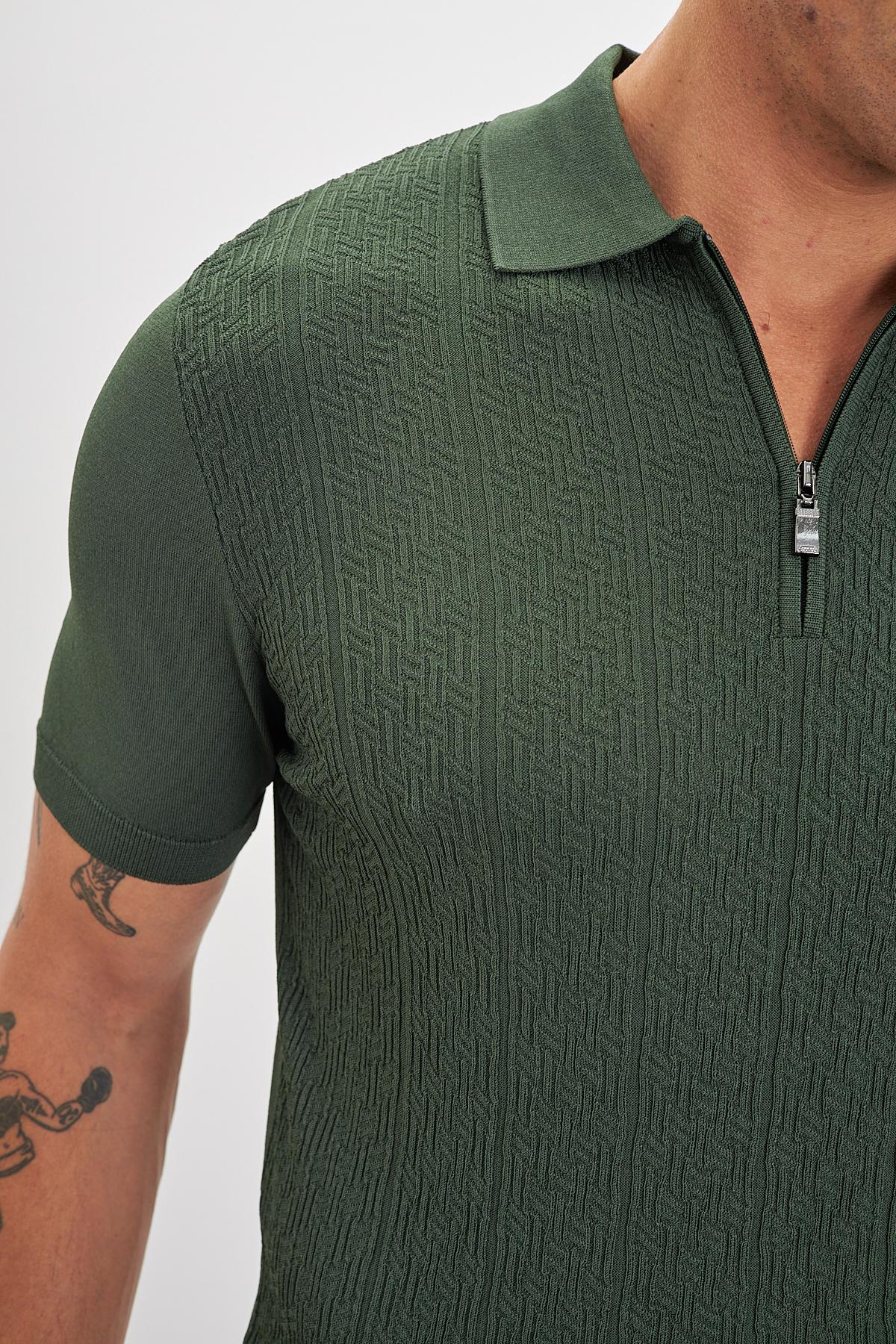 Desenli Fermuarlı Polo Yaka Triko Erkek T-shirt - Haki