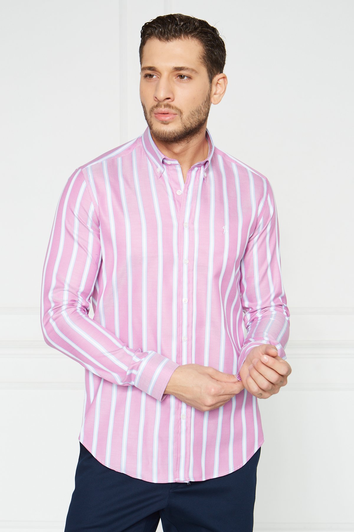 Yaka Düğmeli Slim Fit Klasik Gömlek - Pembe-Beyaz