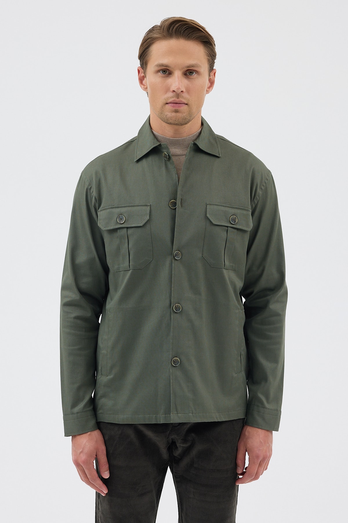 Haki Cepli Tailored Fit Erkek Gömlek Ceket