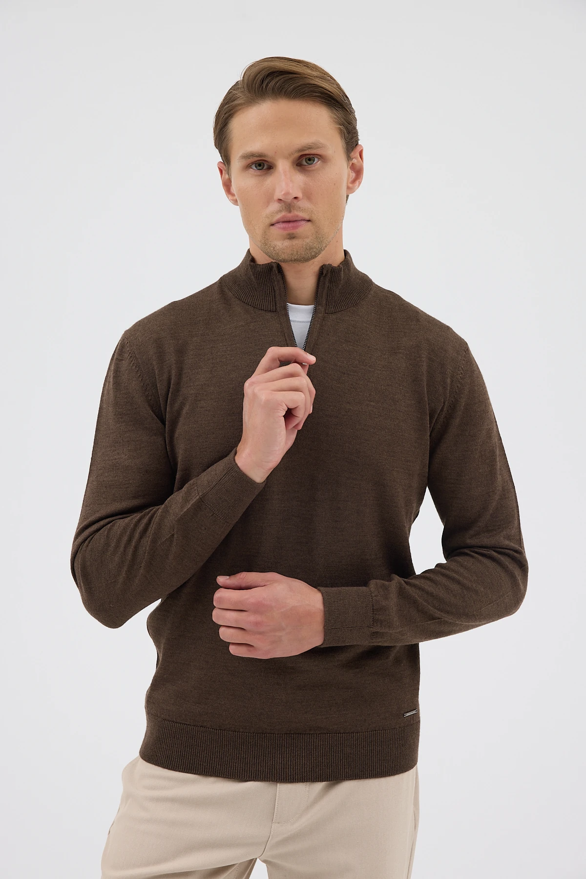 Yarım Balıkçı Fermuarlı Yünlü Triko Kazak - Kahverengi