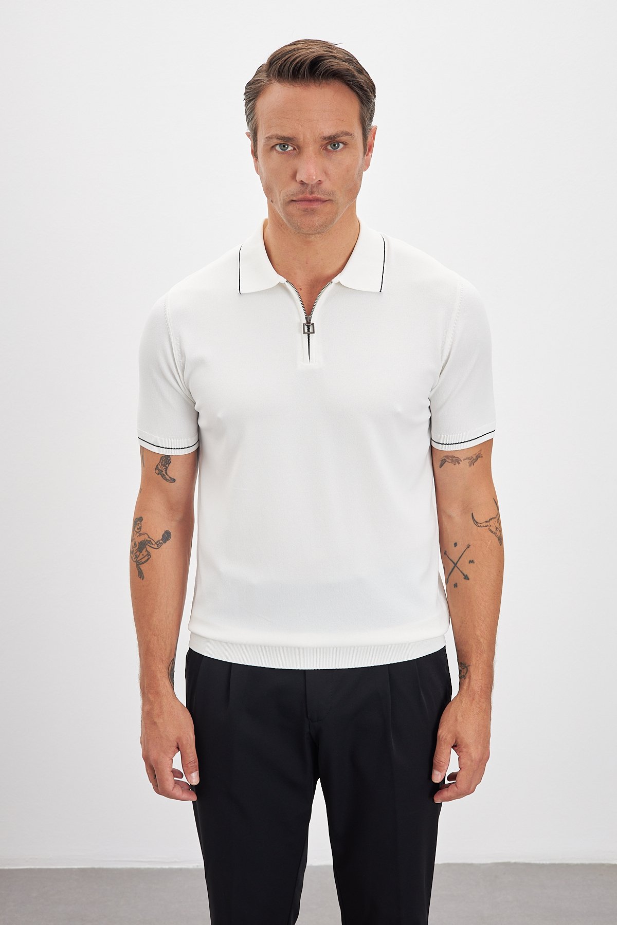 Polo Yaka Fermuarlı Triko Erkek T-Shirt - Açık Bej