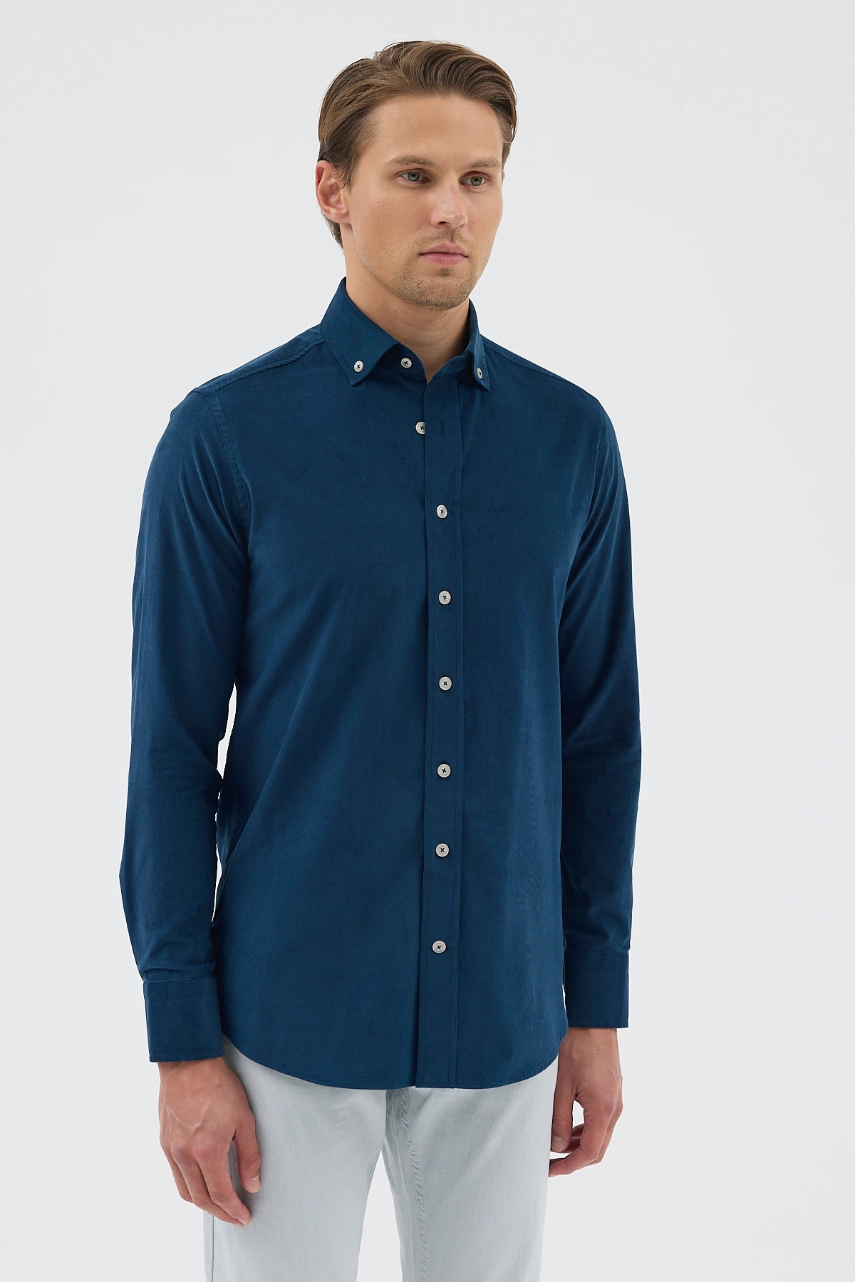 Kadife Yaka Düğmeli %100 Pamuk Comfort Fit Erkek Gömlek - Petrol