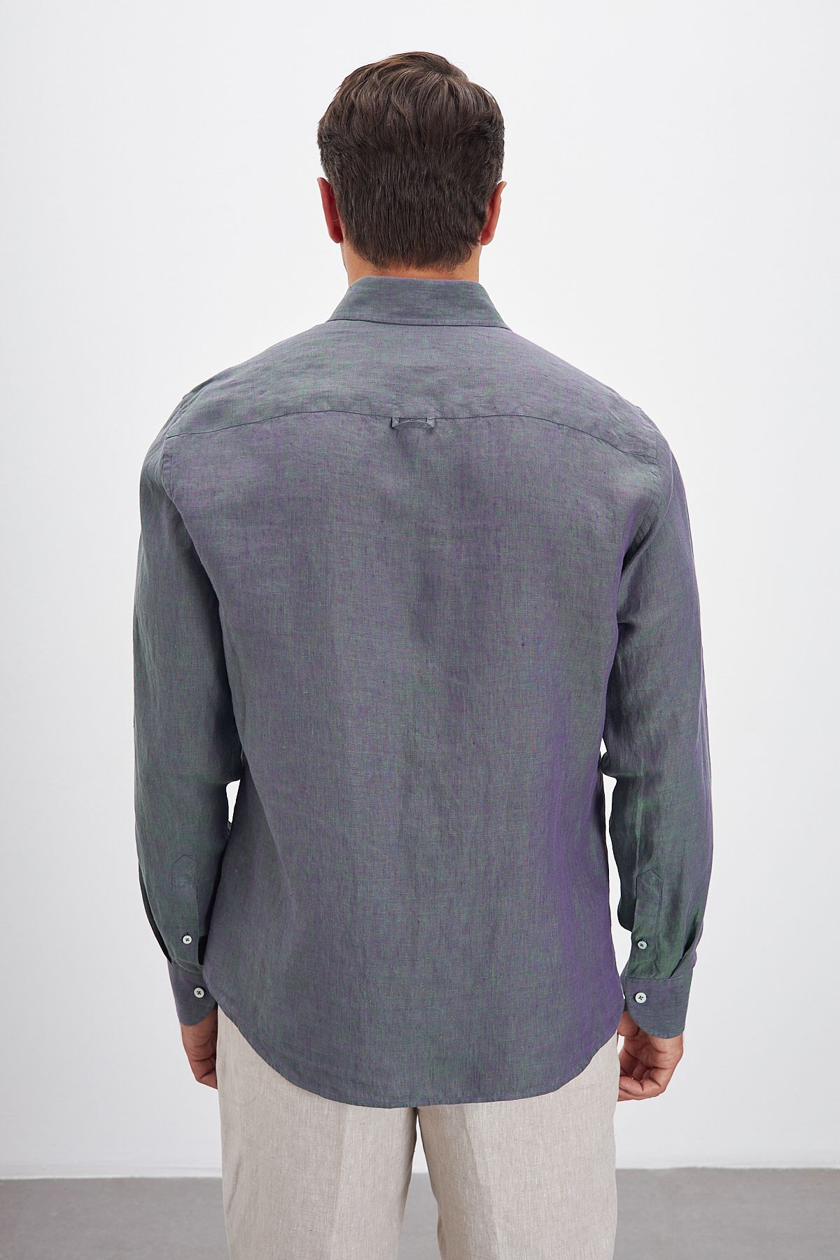 Yaka Düğmeli Çok Renkli Comfort Fit 100% Keten Erkek Gömlek - Yeşil-Mor