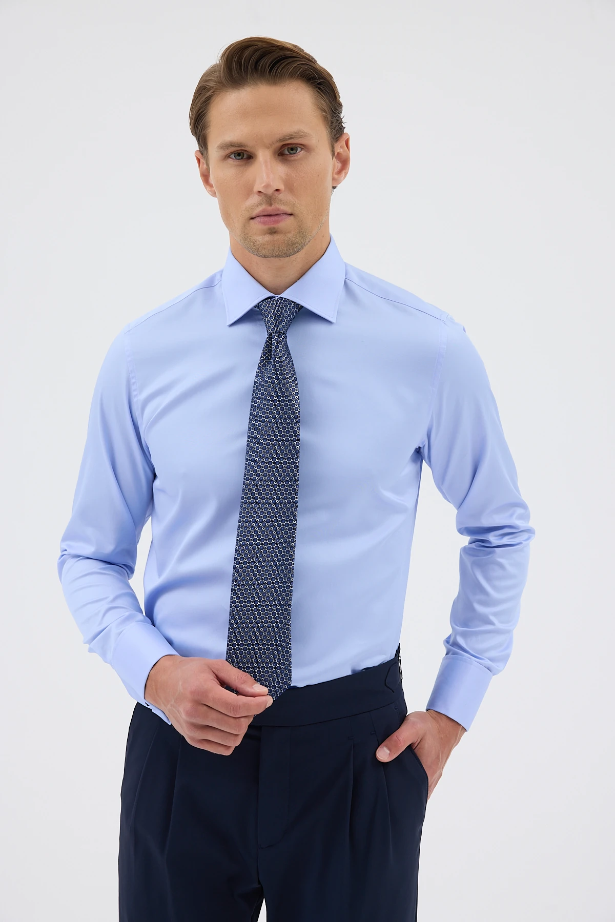 Çift Manşetli Comfort Fit Erkek Gömlek - Mavi