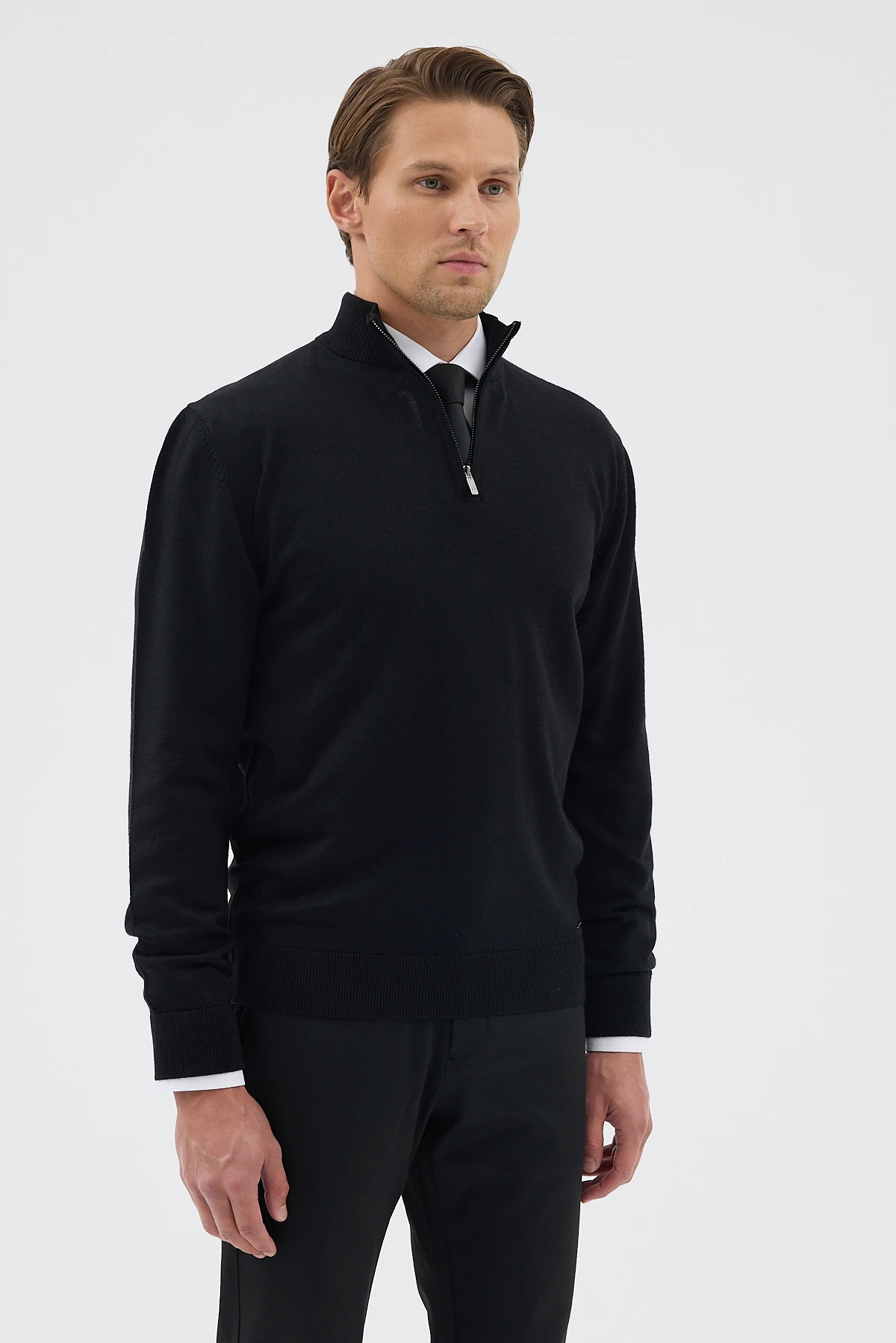 Yarım Balıkçı Fermuarlı Yünlü Triko Kazak - Siyah