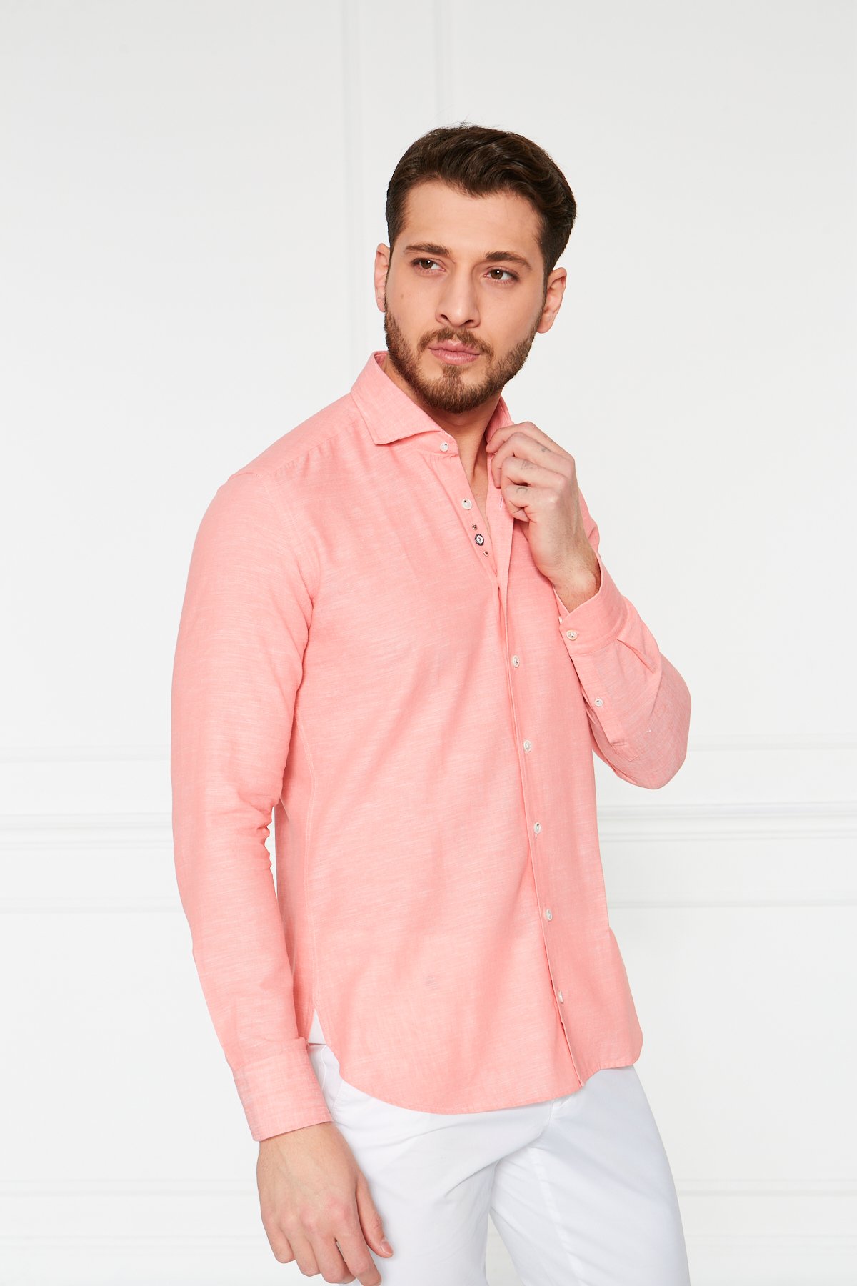 El İşçiliği Pat Detaylı Modelli Keten Gömlek - Pembe