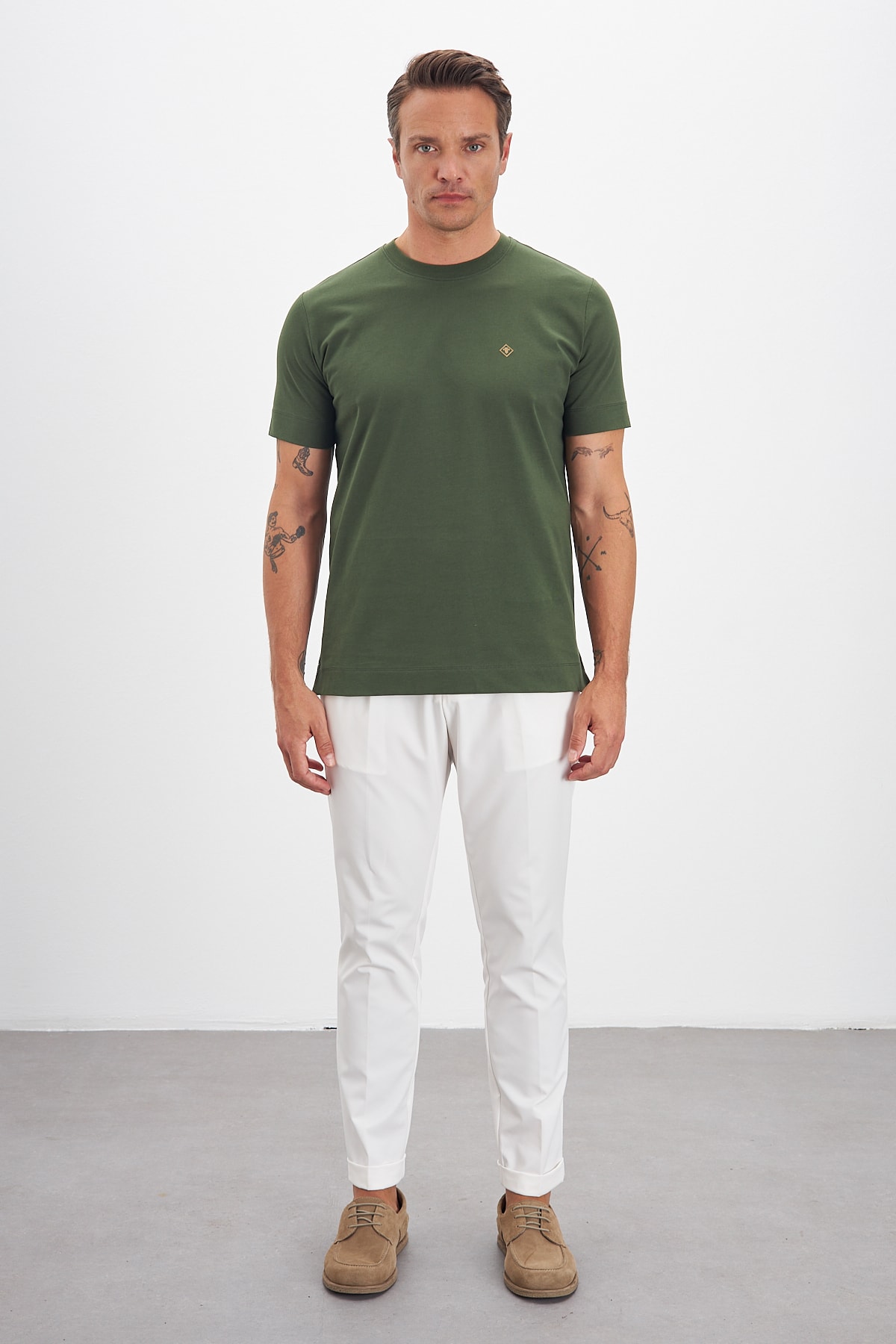 Bisiklet Yaka Basic %100 Pamuk Comfort Fit Logo Baskılı Erkek T-Shirt - Haki