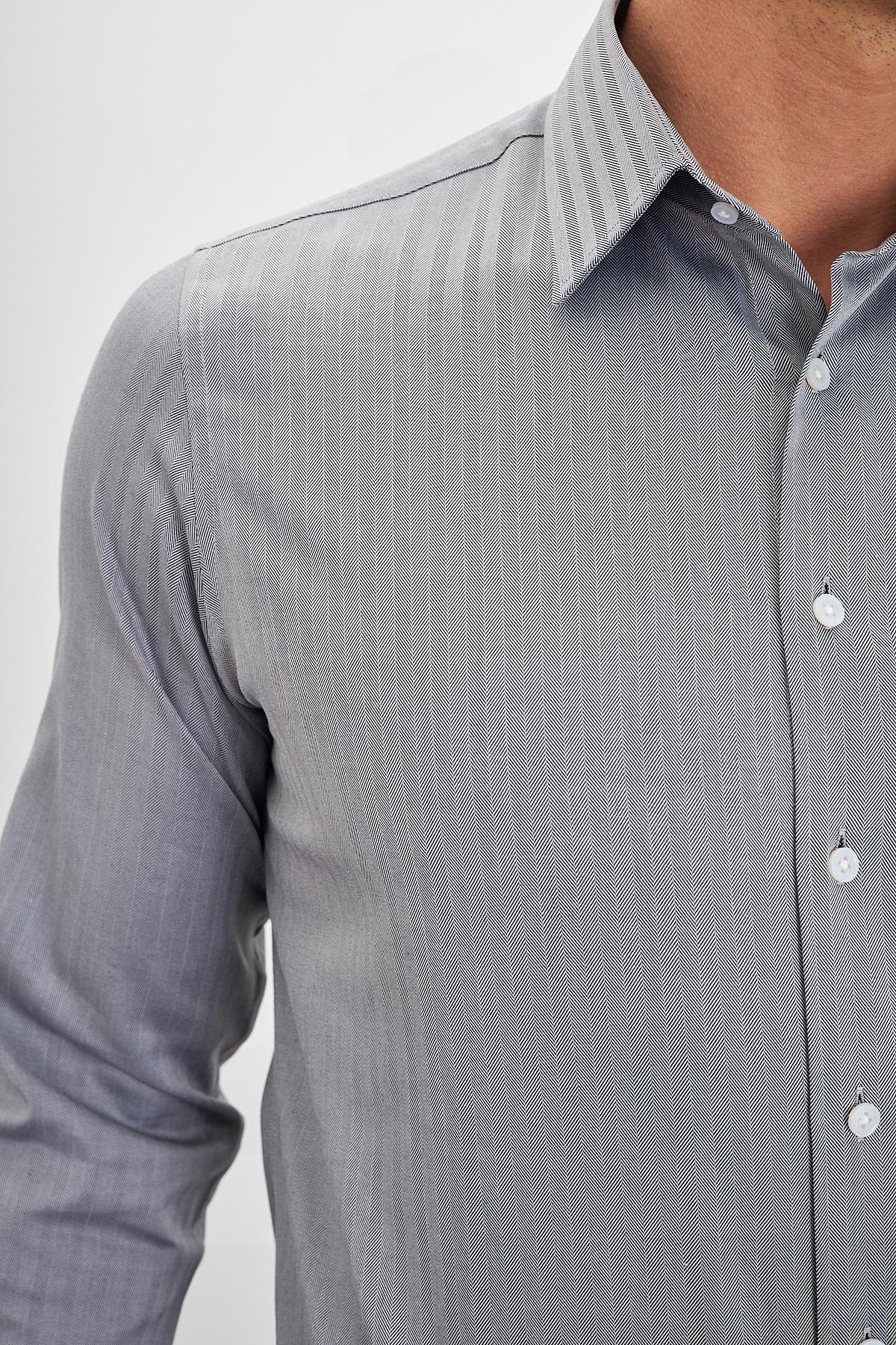 %100 Pamuk Comfort Fit Balıksırtı Desenli Klasik Yaka Gömlek - Siyah