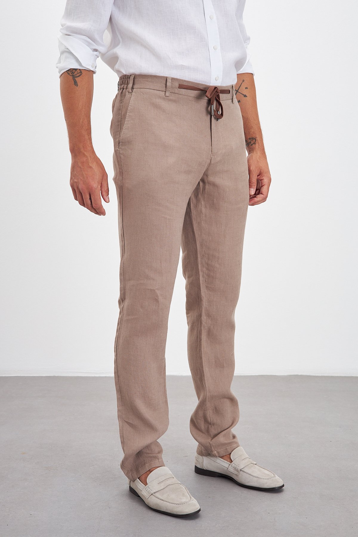 100% Keten Jogger Erkek Pantolon - Bej